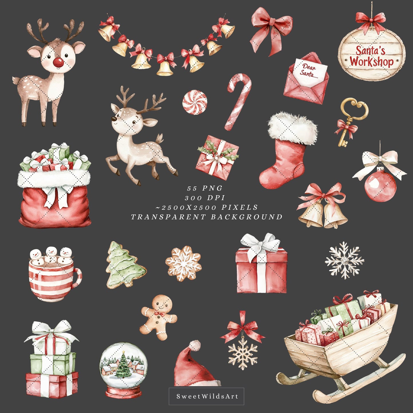 Sweet Xmas - Cute Christmas Clipart, Santa Claus, Elves, Holiday, Winter | 55 PNG