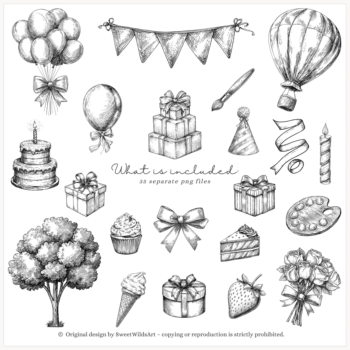 Drawing Party - Line Art Clipart, Birthday Animals, Black and White Teddy Bear | 35 PNG