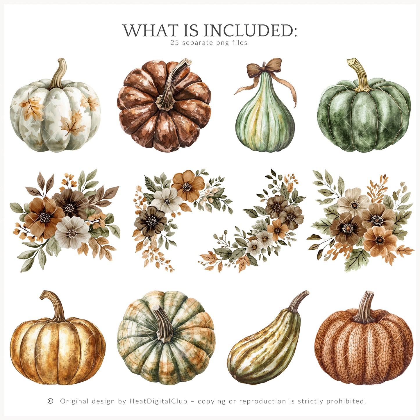 Autumn Gallery - Floral Arrangements Clipart, Fall, Green Beige, Pumpkins | 25 PNG
