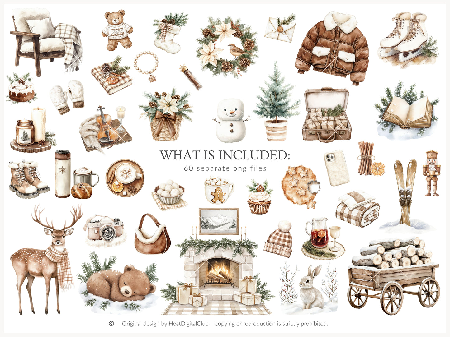 Winter Cocoa - Clipart Set, Elegant Cozy Christmas | 60 PNG