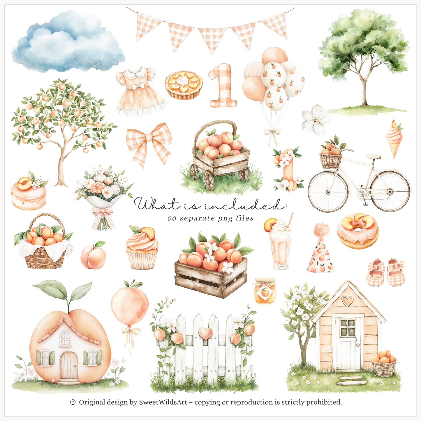 Sweet Peach - Cute Animals Clipart, Birthday, Summer Picnic, Baby | 50 PNG