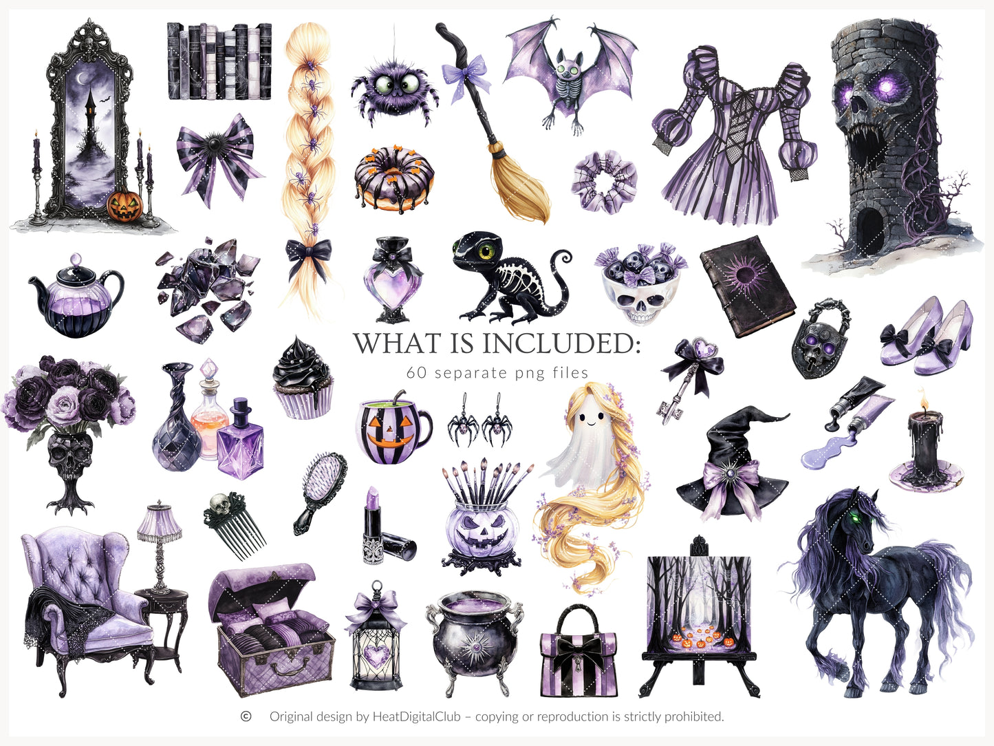 Haunted Rapunzel - Watercolor Clipart Set, Fairytale Gothic Halloween | 60 PNG