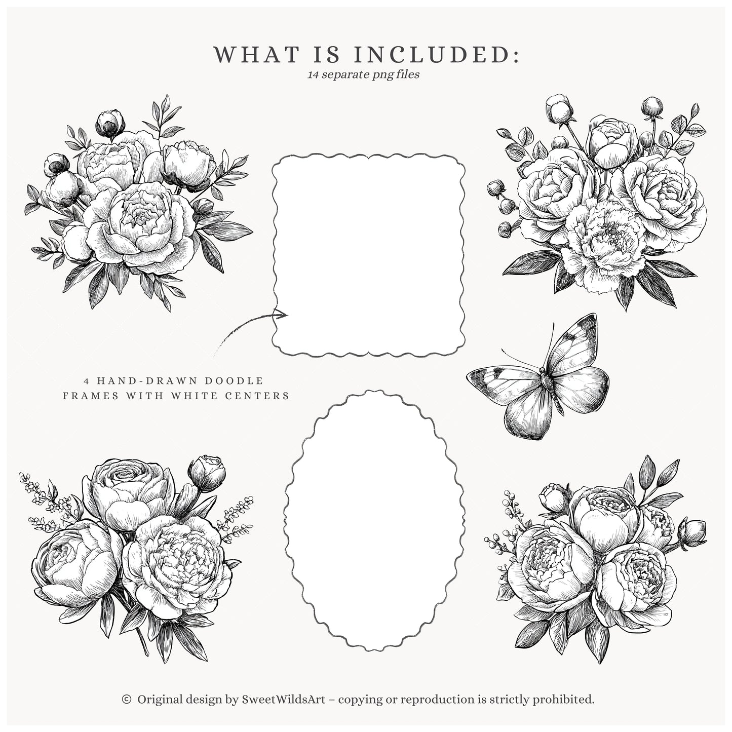 Drawing Party - Floral Line Art, Flowers Clipart, Black and White Peony | 14 PNG