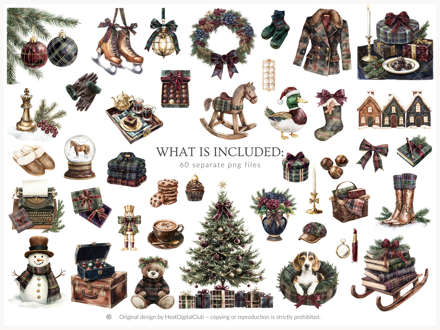 Winter Elegance - Watercolor Clipart, Aristocratic Christmas, Tartan Holiday | 60 PNG