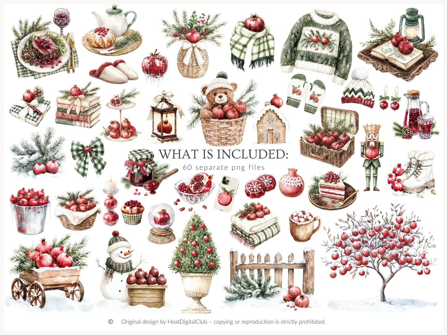 Winter Pomegranate - Clipart Set, Holiday Fruits, Cozy, Rustic Xmas | 60 PNG