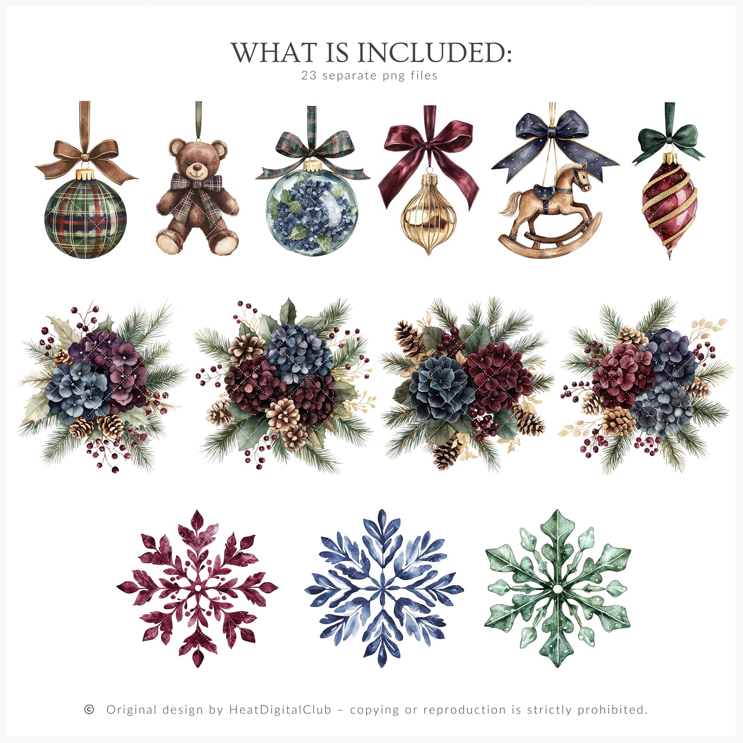Winter Elegance - Watercolor Floral Arrangements, Christmas Hydrangea | 23 PNG