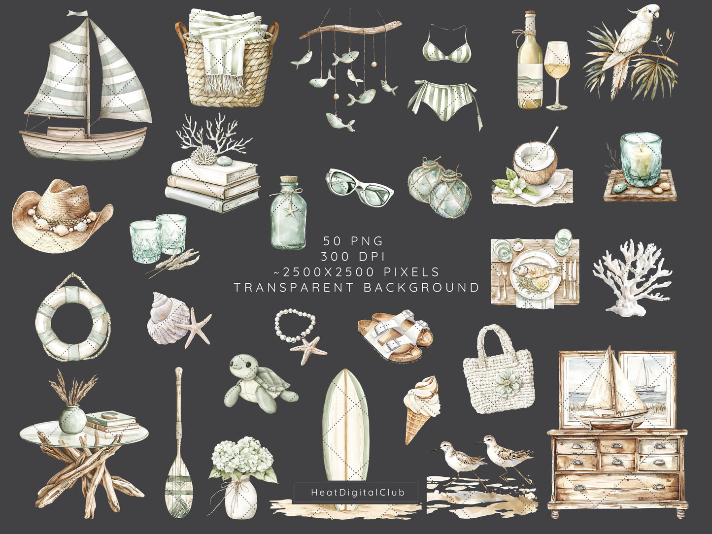Coastal Serenity - Beach Time Clipart, Neutral Summer | 50 PNG