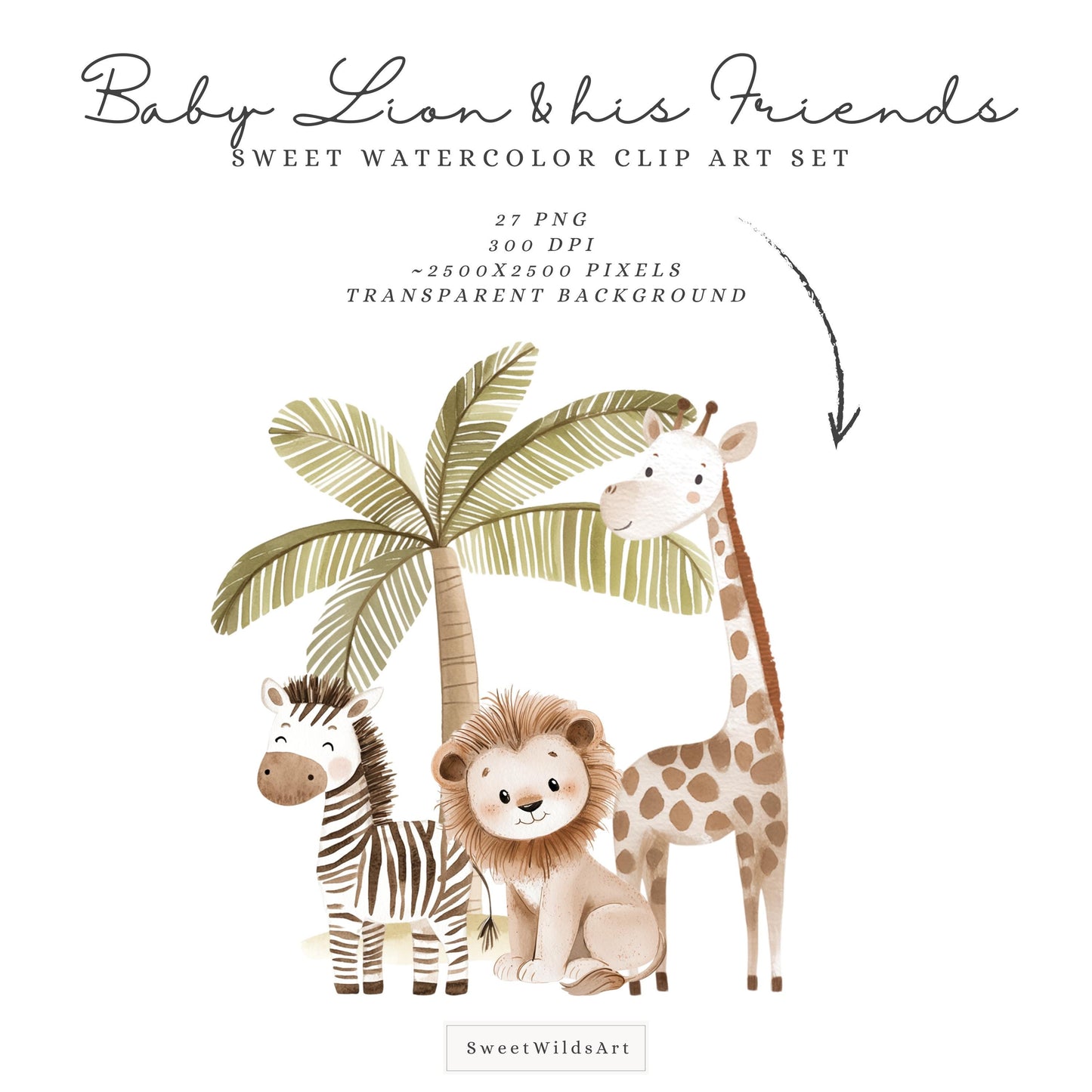 Baby Lion and his Friends - Safari Animals Clipart, Cute, Baby Shower, Nursery | 27 PNG