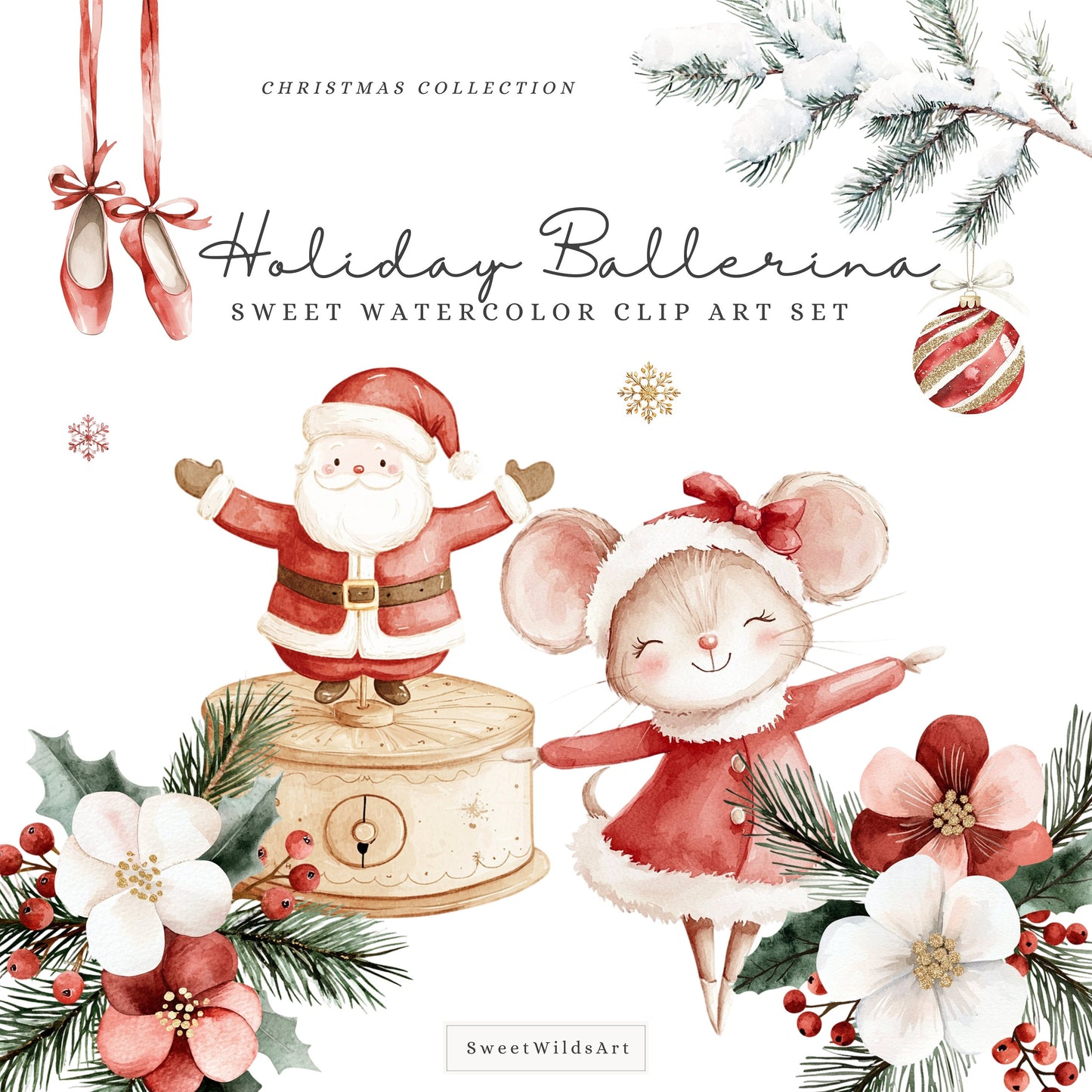 Holiday Ballerina - Cute Xmas Ballet, Christmas Flowers Clipart, Winter Ballerina | 44 PNG