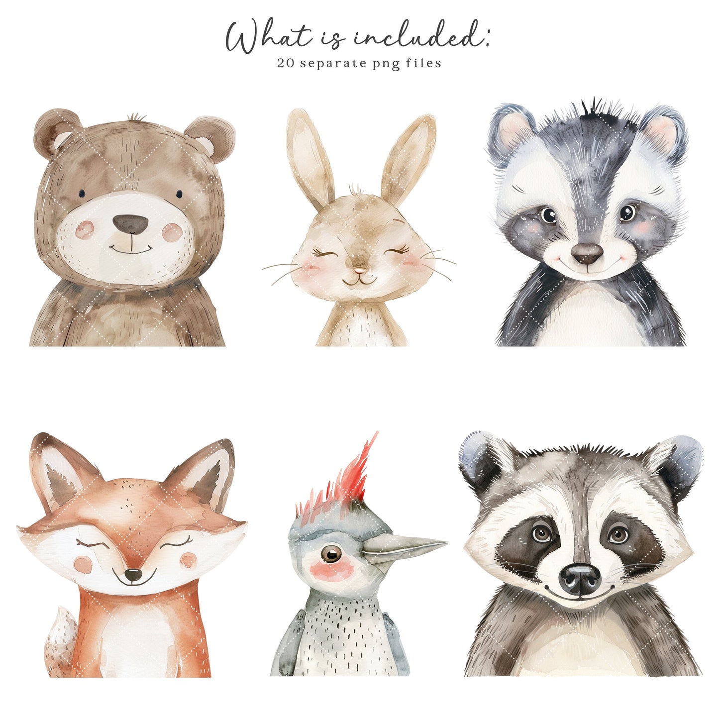 Woodland Portraits - Cute Animals Clipart, Baby Shower, Nursery, Boho Forest | 20 PNG
