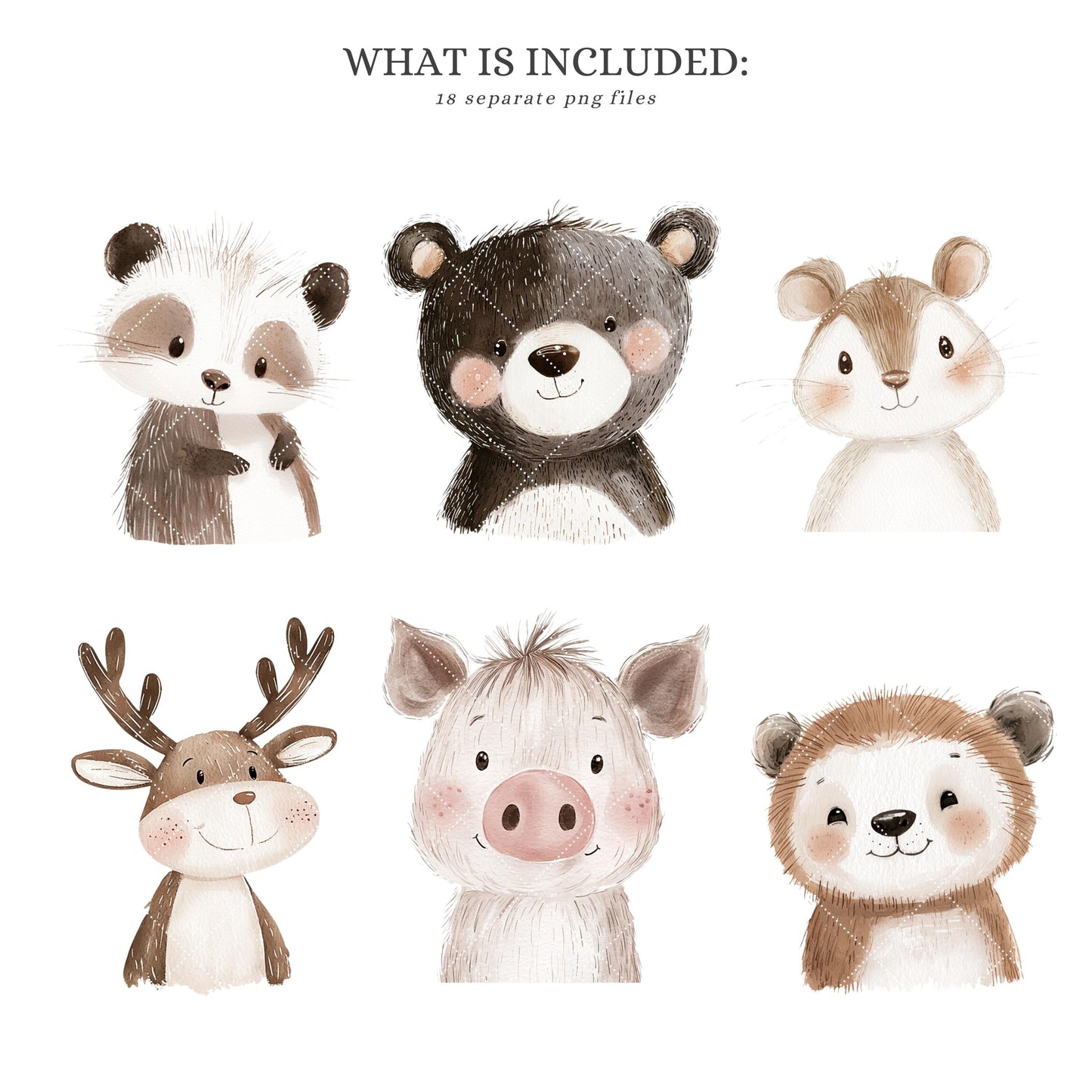Woodland Portraits - Cute Animals Clipart, Baby Shower, Nursery, Boho Forest | 18 PNG