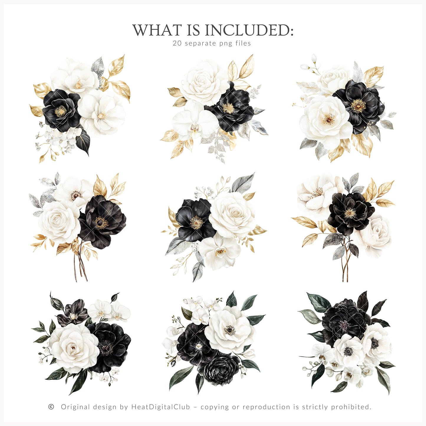Happy New Year - Floral Arrangements Clipart, Black White Gold, Holiday Bouquet | 20 PNG