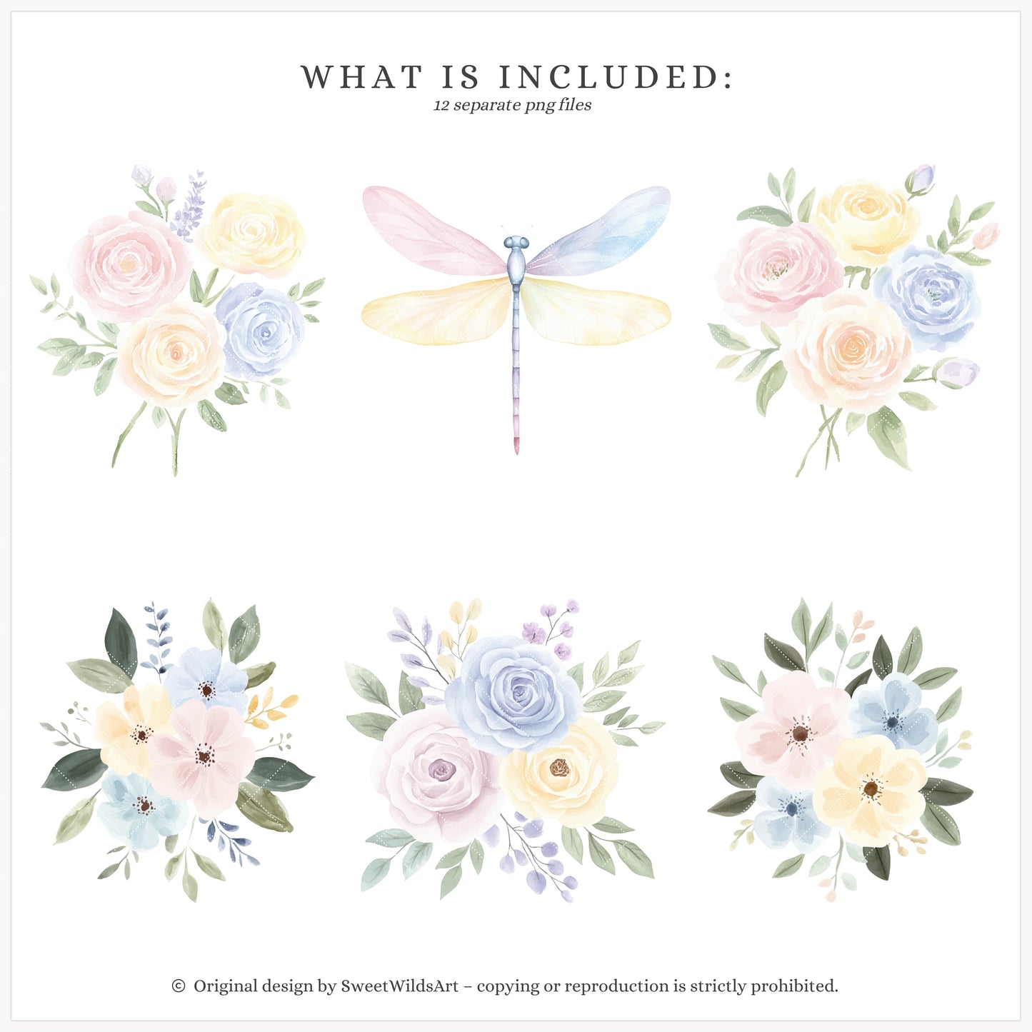 Rainbow World - Floral Arrangements, Pastel Watercolor Flowers | 12 PNG