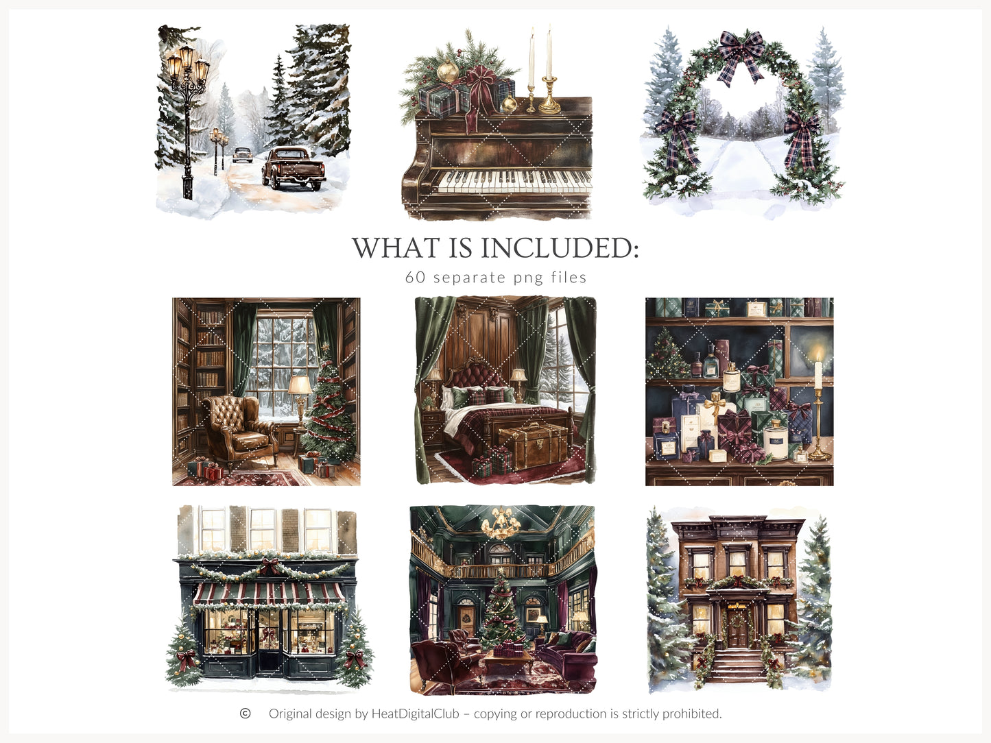Winter Elegance - Watercolor Clipart, Aristocratic Christmas, Tartan Holiday | 60 PNG