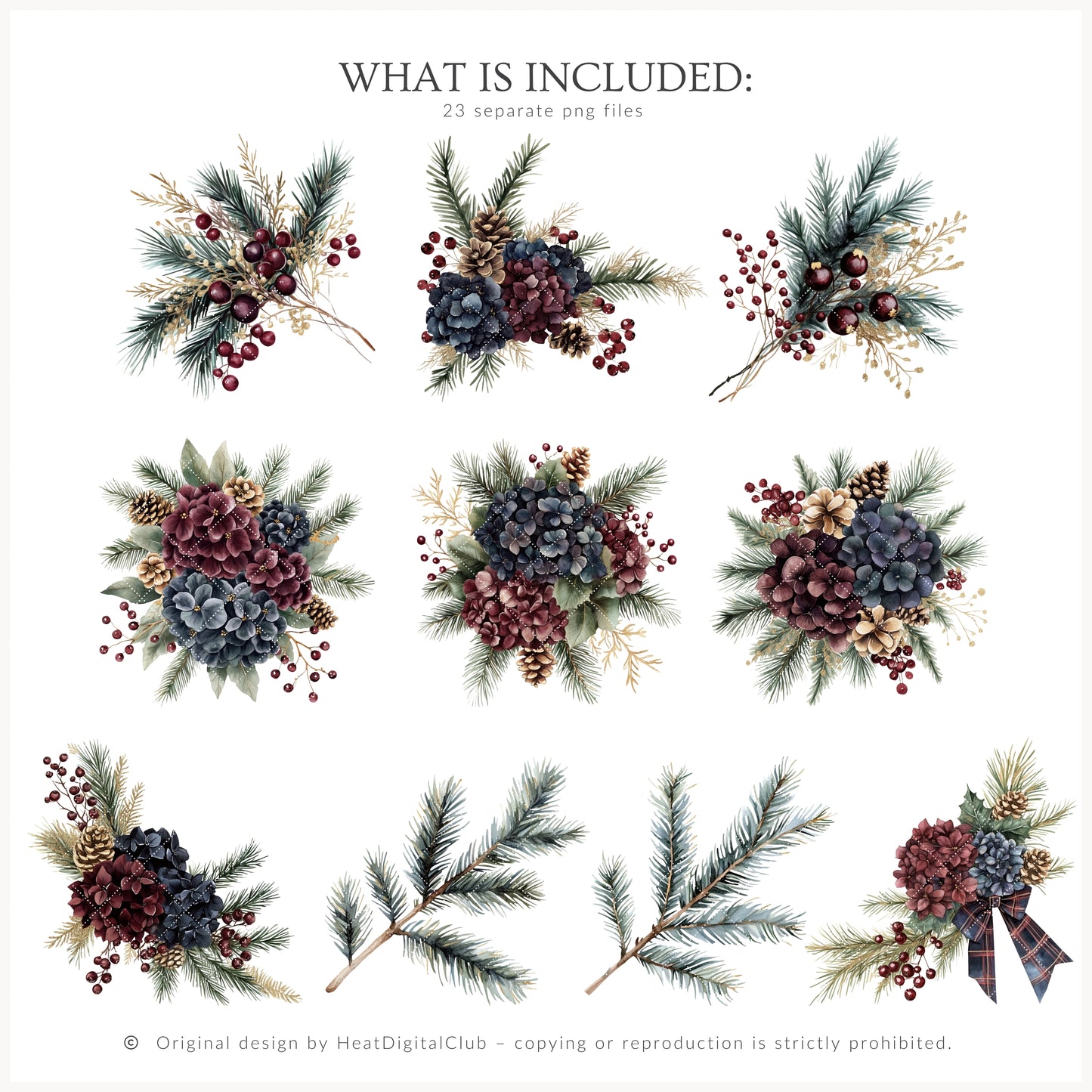 Winter Elegance - Watercolor Floral Arrangements, Christmas Hydrangea | 23 PNG