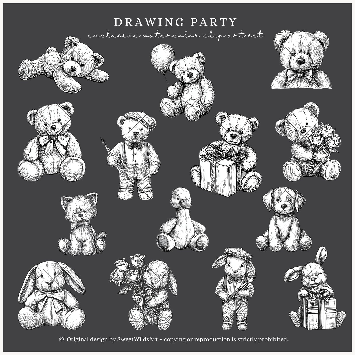 Drawing Party - Line Art Clipart, Birthday Animals, Black and White Teddy Bear | 35 PNG