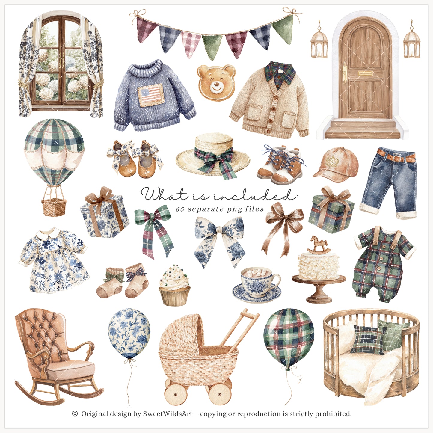 Little Classics - Watercolor Teddy Bears Clipart, Kids Nursery, Grandmillennial | 60 PNG