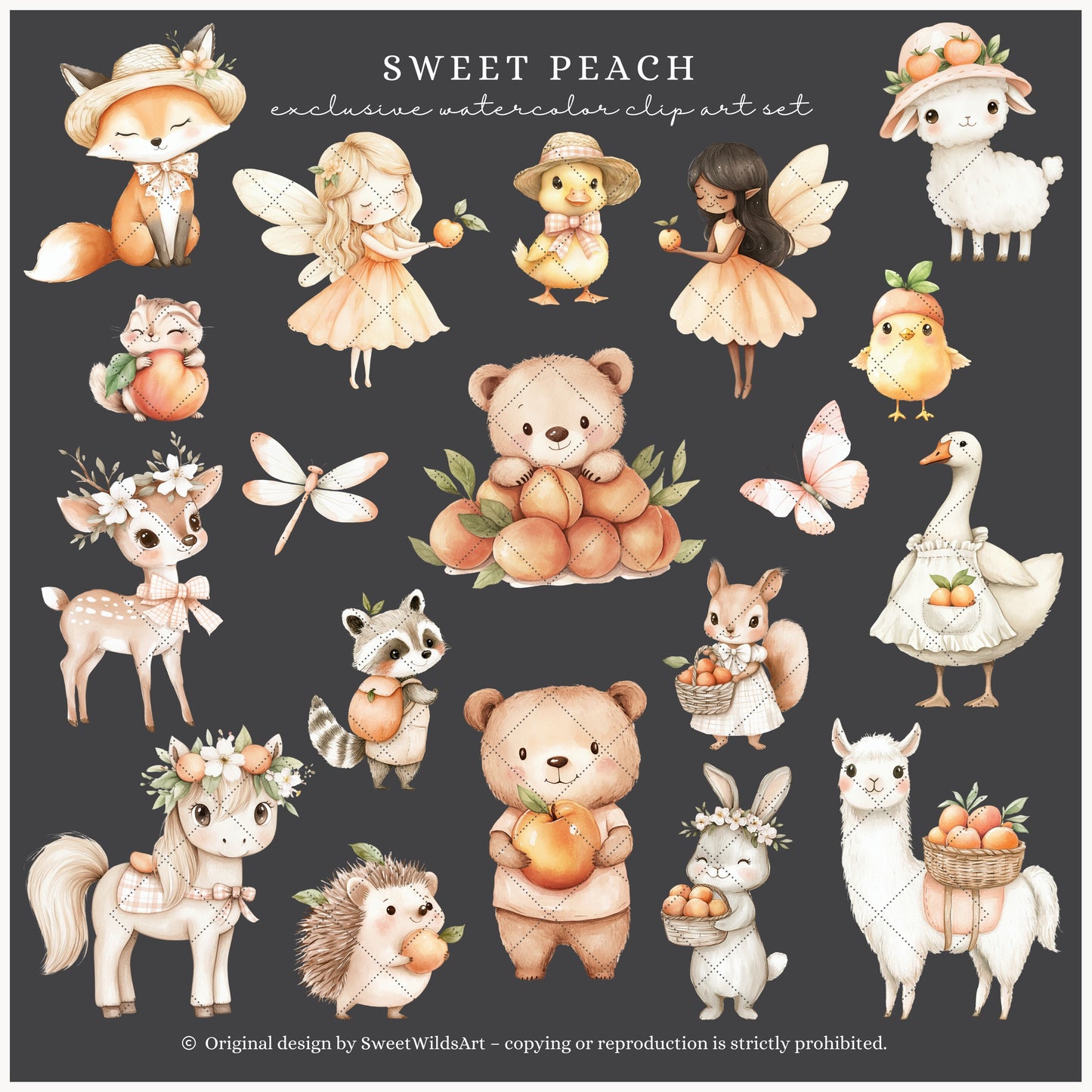 Sweet Peach - Cute Animals Clipart, Birthday, Summer Picnic, Baby | 50 PNG