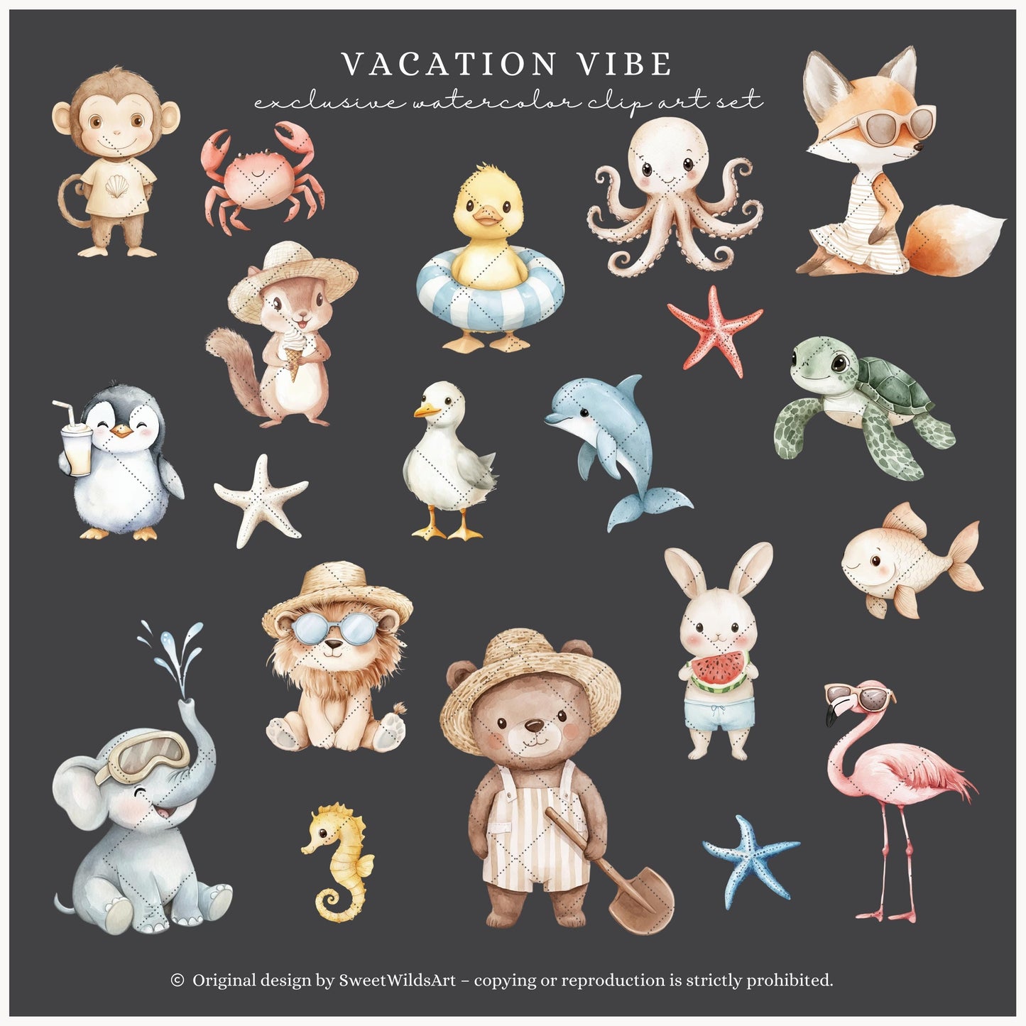 Vacation Vibe - Cute Beach Animals, Ocean Nursery Clipart, Vacation | 60 PNG