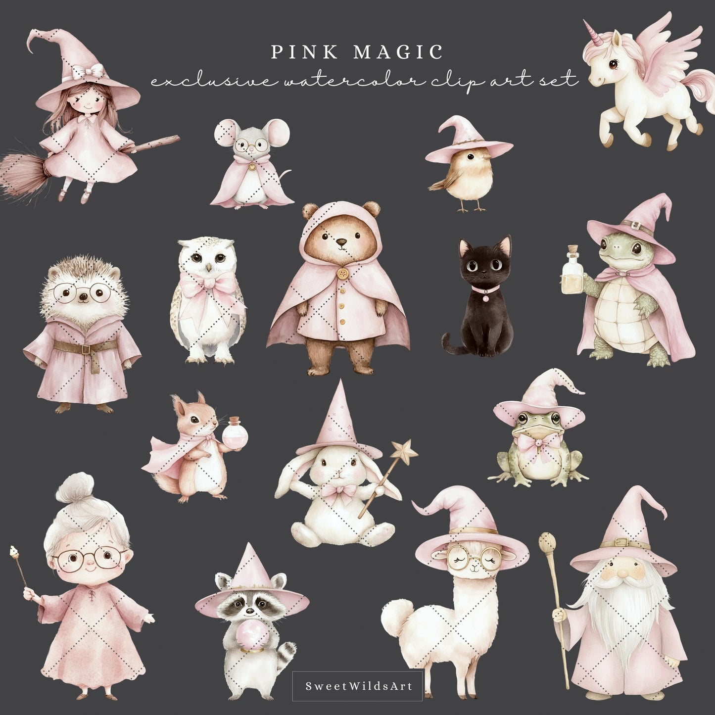 Pink Magic - Baby Animals Clipart, Cute Animal, Magic School, Wizard | 42 PNG