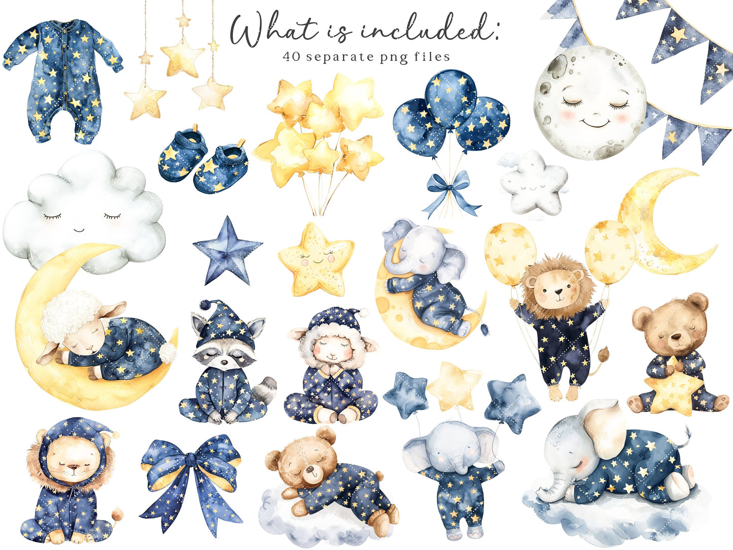 Dreamy Animals - Night Time, Pajama Party, Cute Nursery Animal Clipart | 40 PNG