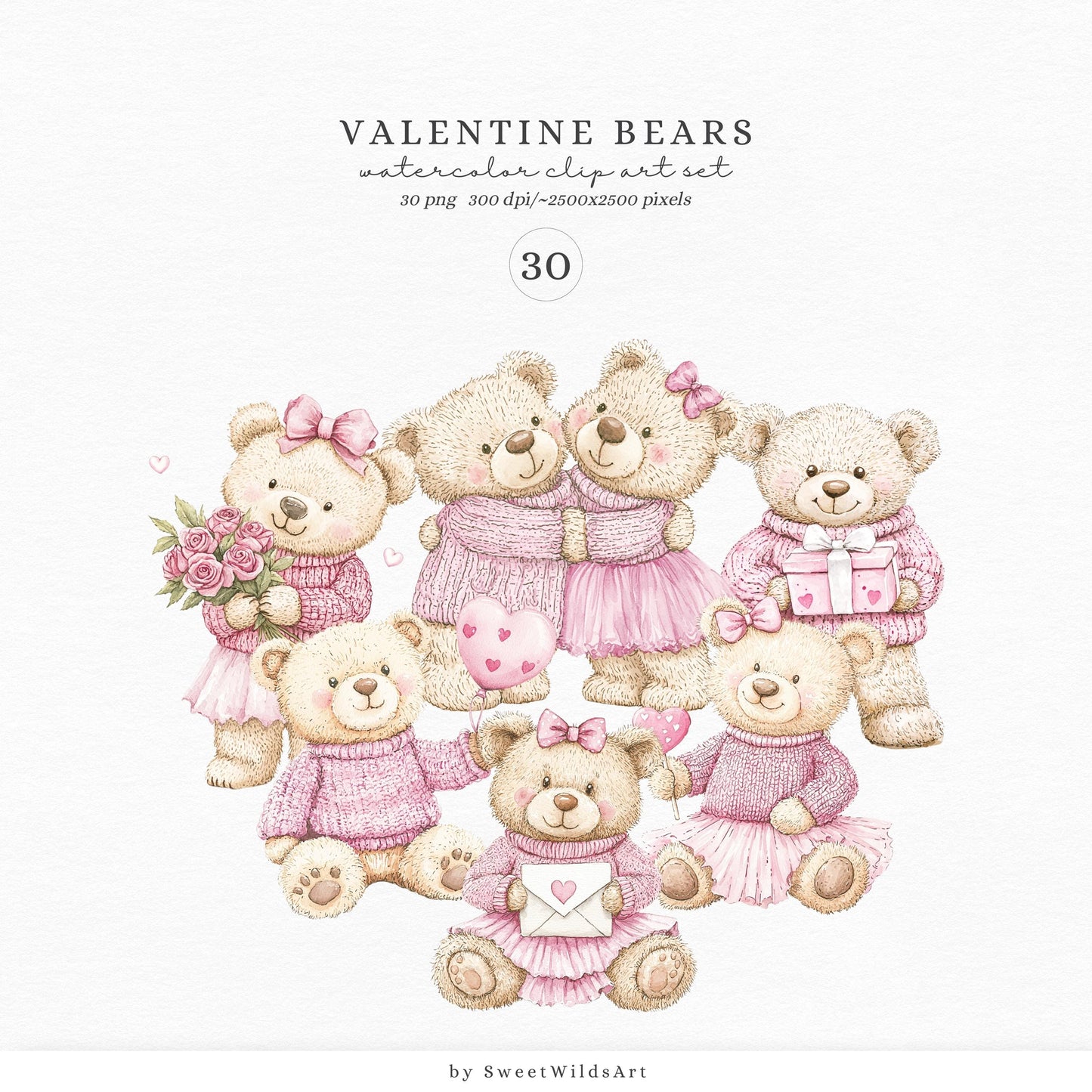 Valentine Bears - Cute Valentines Day, Love Clipart, Baby Bear, Romantic | 30 PNG