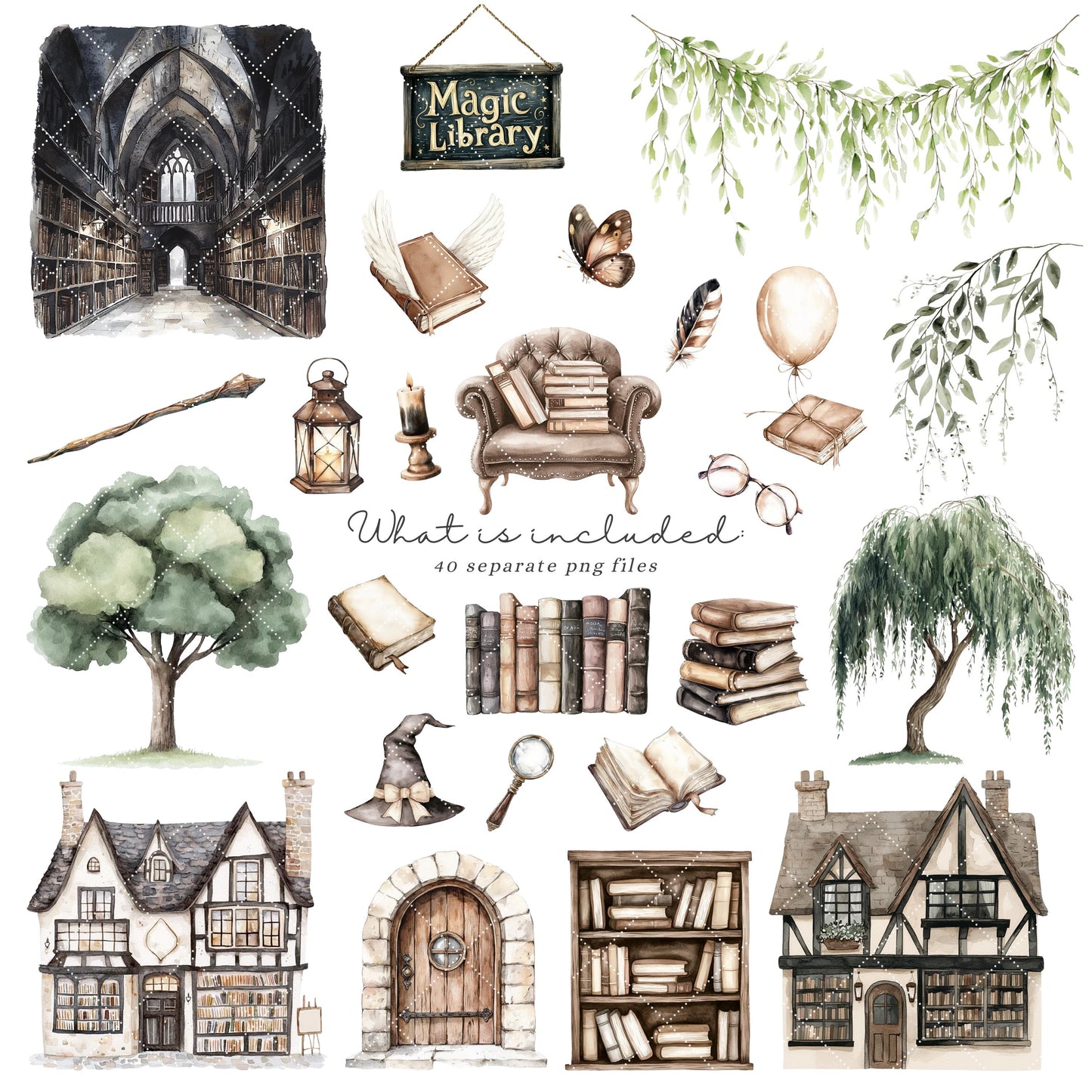 Magic Library - Baby Animals Clipart, Cute Magic School, Wizard Reading | 40 PNG