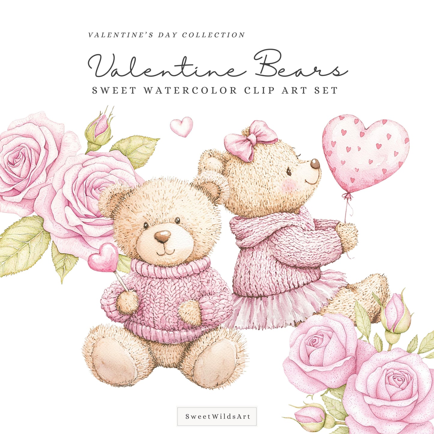 Valentine Bears - Cute Valentines Day, Love Clipart, Baby Bear, Romantic | 30 PNG