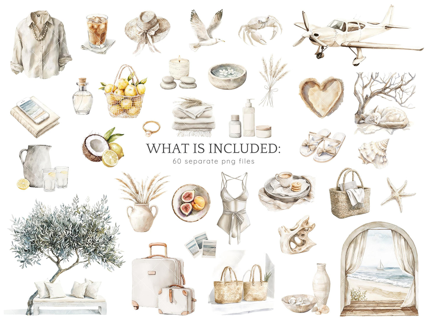 Ocean Breath - Neutral Summer Beach Clipart, Coastal Vacation | 60 PNG