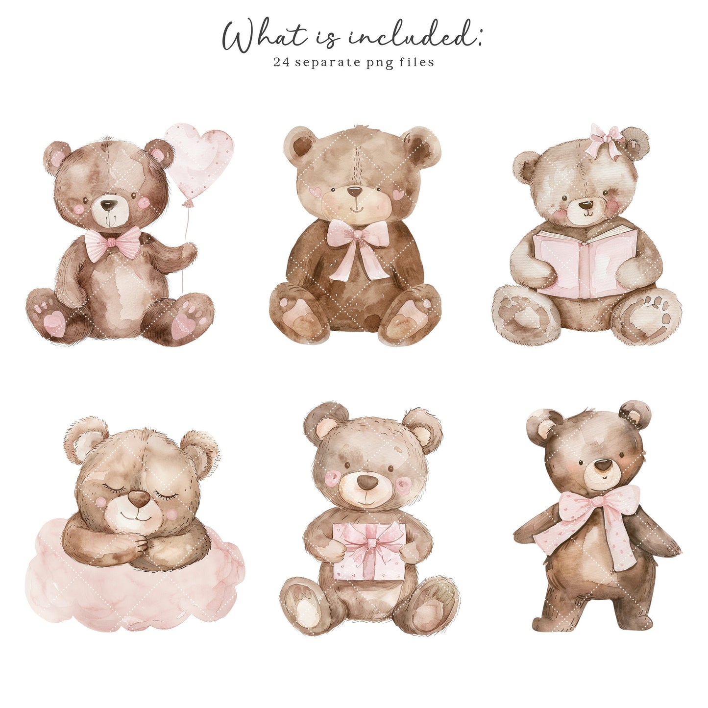 Sweet Teddies - Pink Teddy Bear, Nursery Animal Clipart, Cute Party Invite | 24 PNG