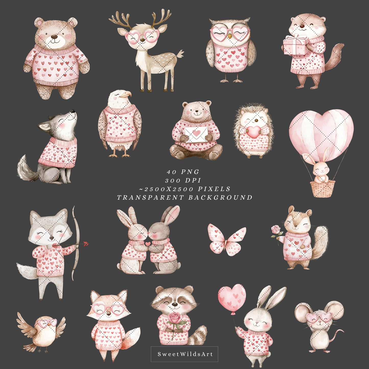Woodland Valentines - Woodland in Love, Baby Animal Clipart, Cute Baby Shower | 40 PNG
