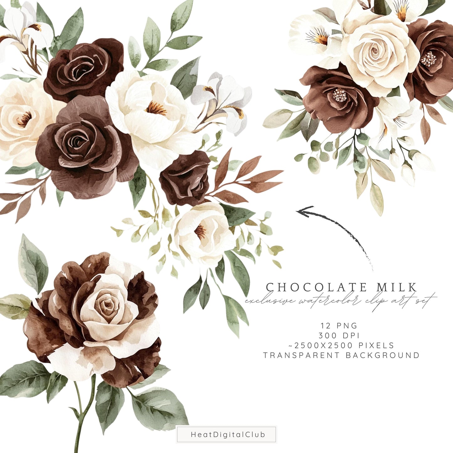 Chocolate Milk - Floral Arrangement Clipart, Elegant Bouquets, Boho | 12 PNG