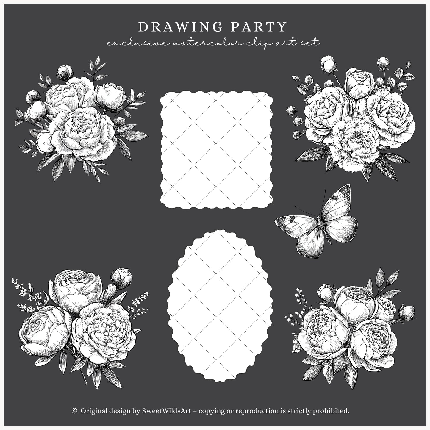 Drawing Party - Floral Line Art, Flowers Clipart, Black and White Peony | 14 PNG