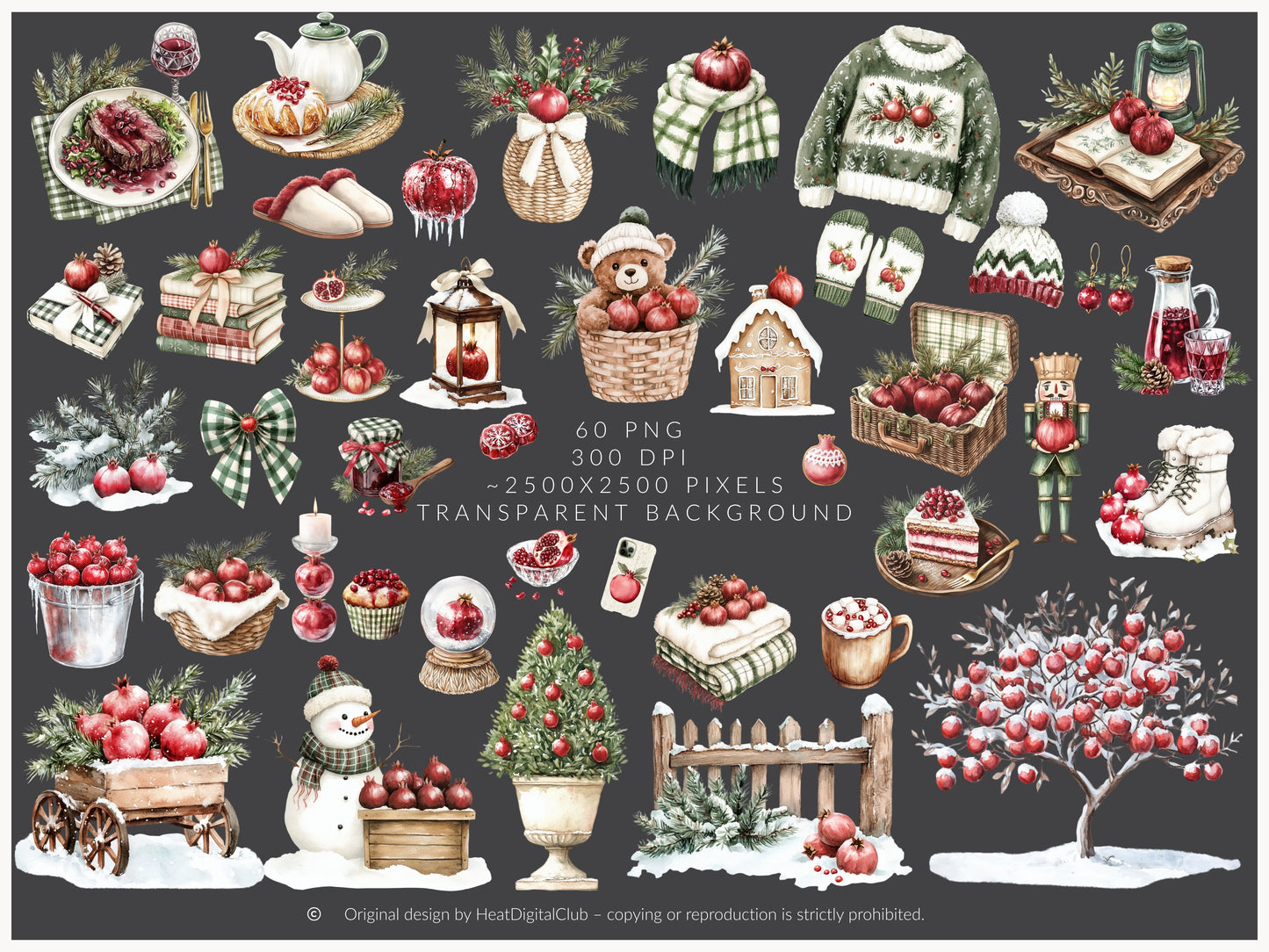 Winter Pomegranate - Clipart Set, Holiday Fruits, Cozy, Rustic Xmas | 60 PNG