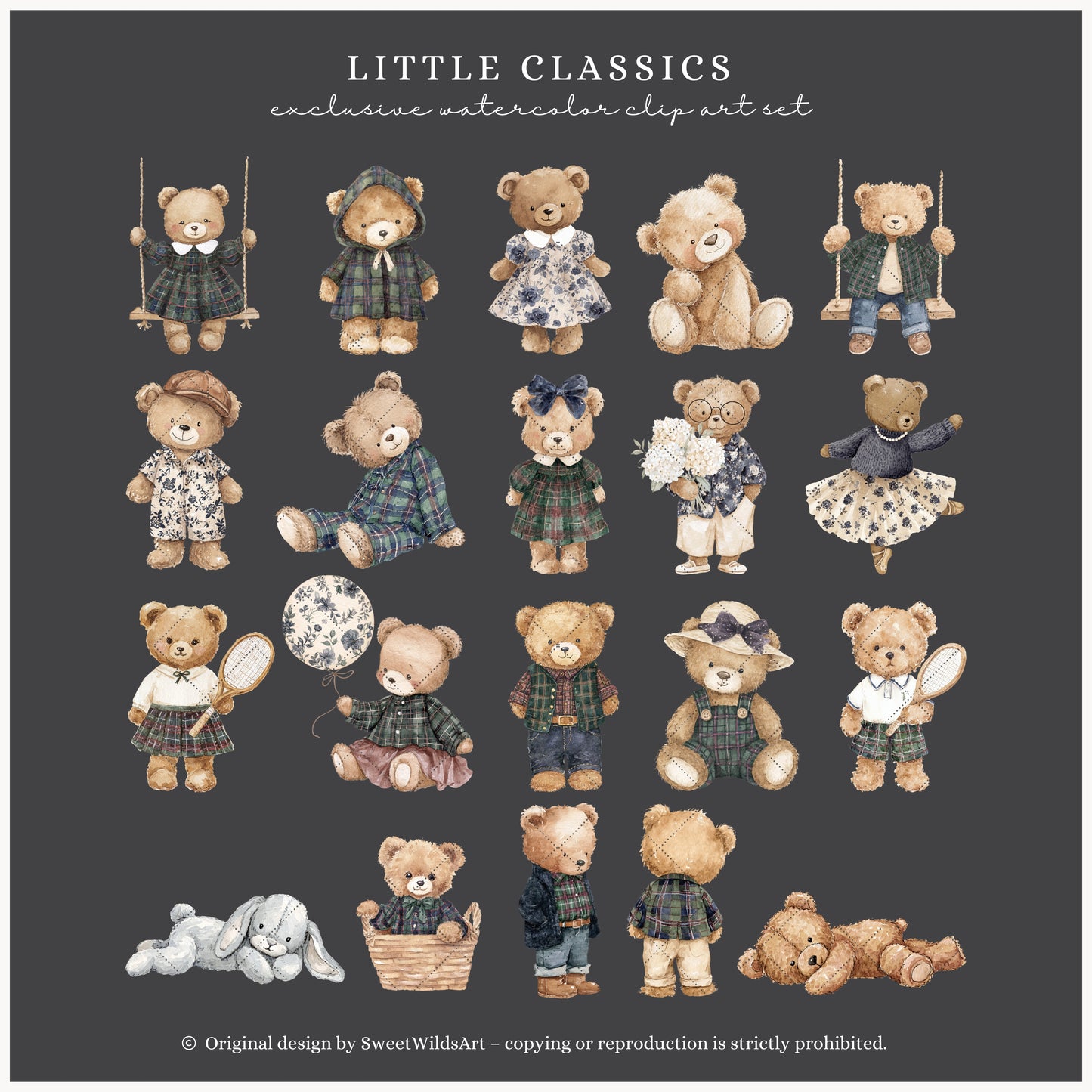Little Classics - Watercolor Teddy Bears Clipart, Kids Nursery, Grandmillennial | 60 PNG