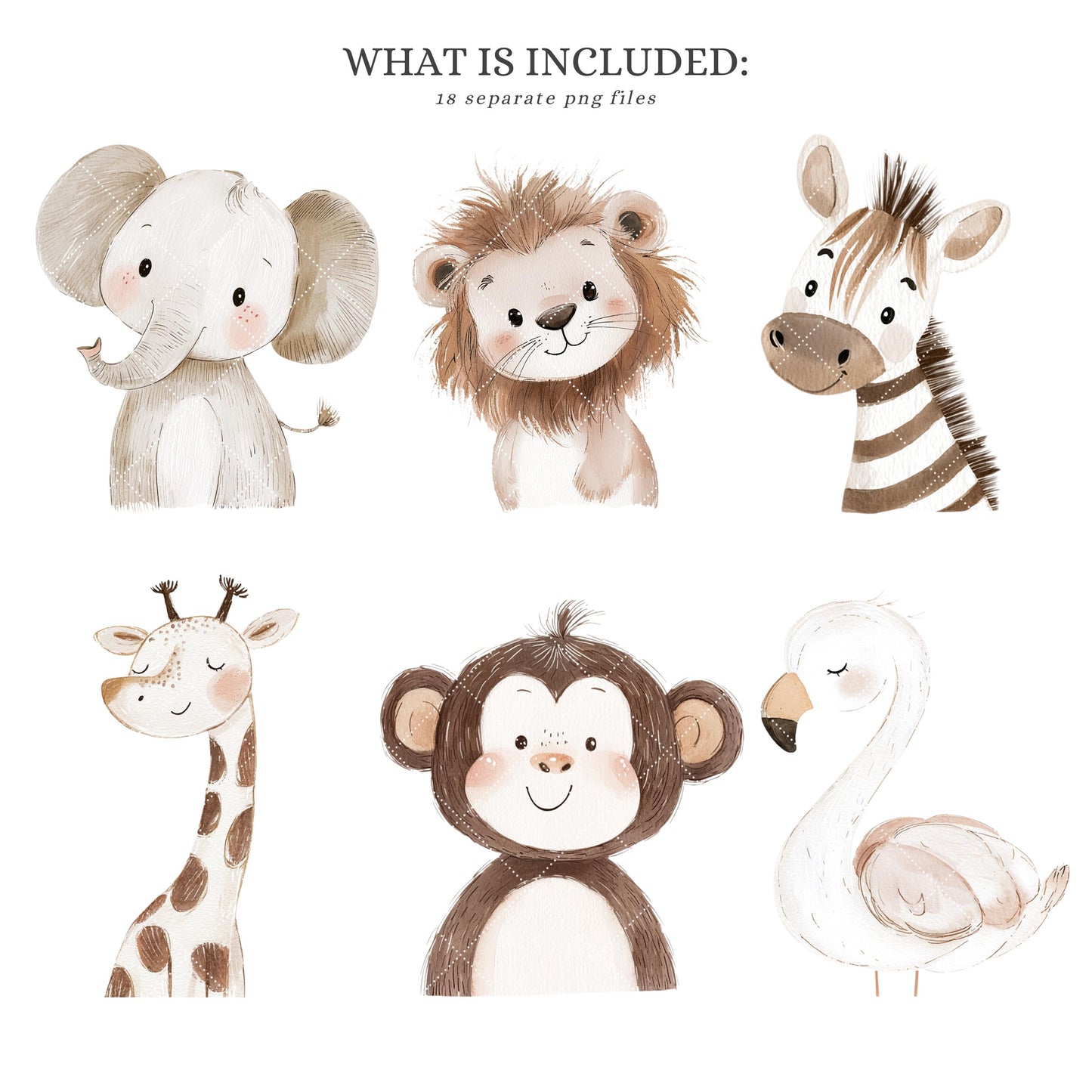 Safari Portraits - Cute Animals Clipart, Baby Shower, Nursery, Boho Tropical | 18 PNG