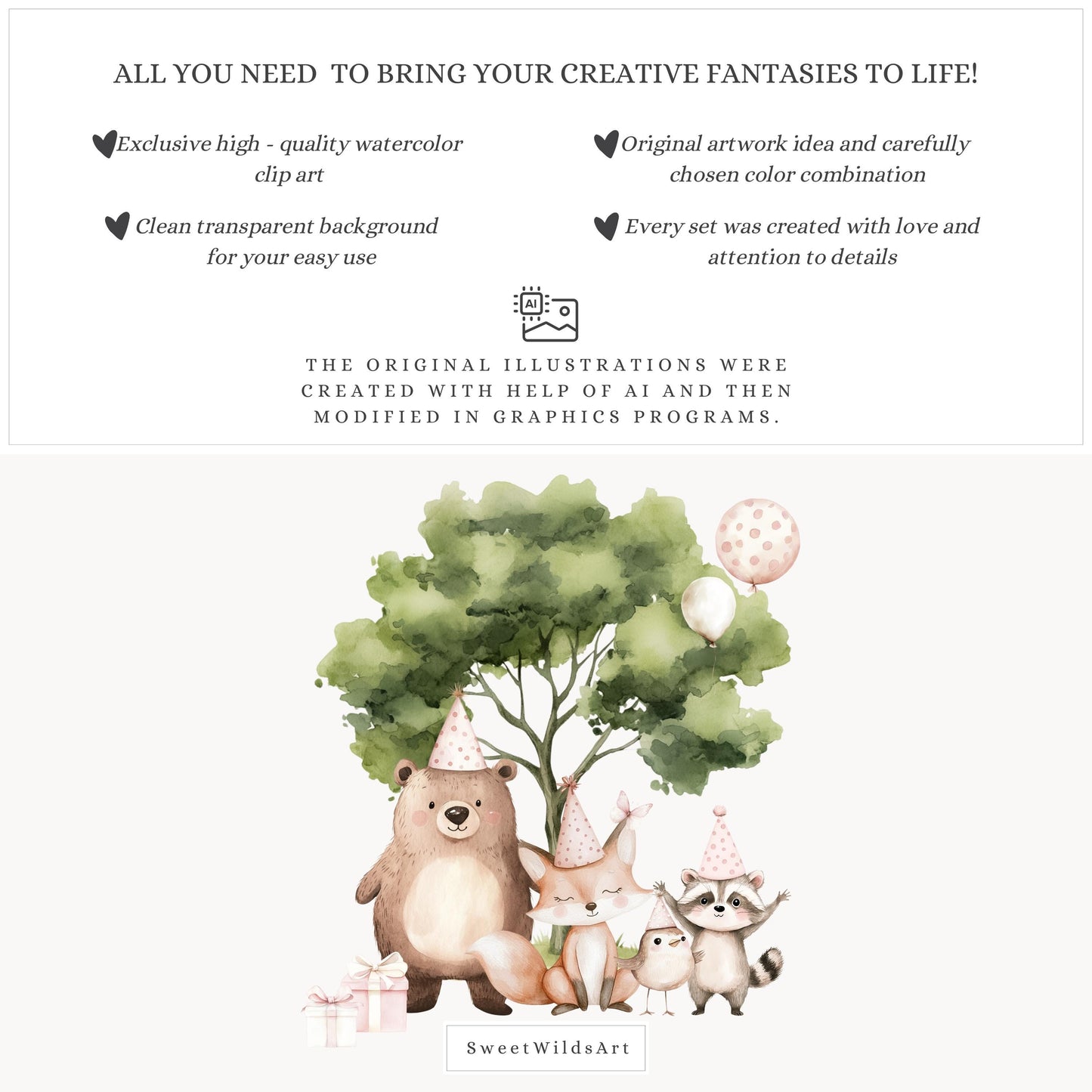Birthday Friends - Cute Woodland, Baby Animal Clipart, Baby Girl Birthday | 40 PNG