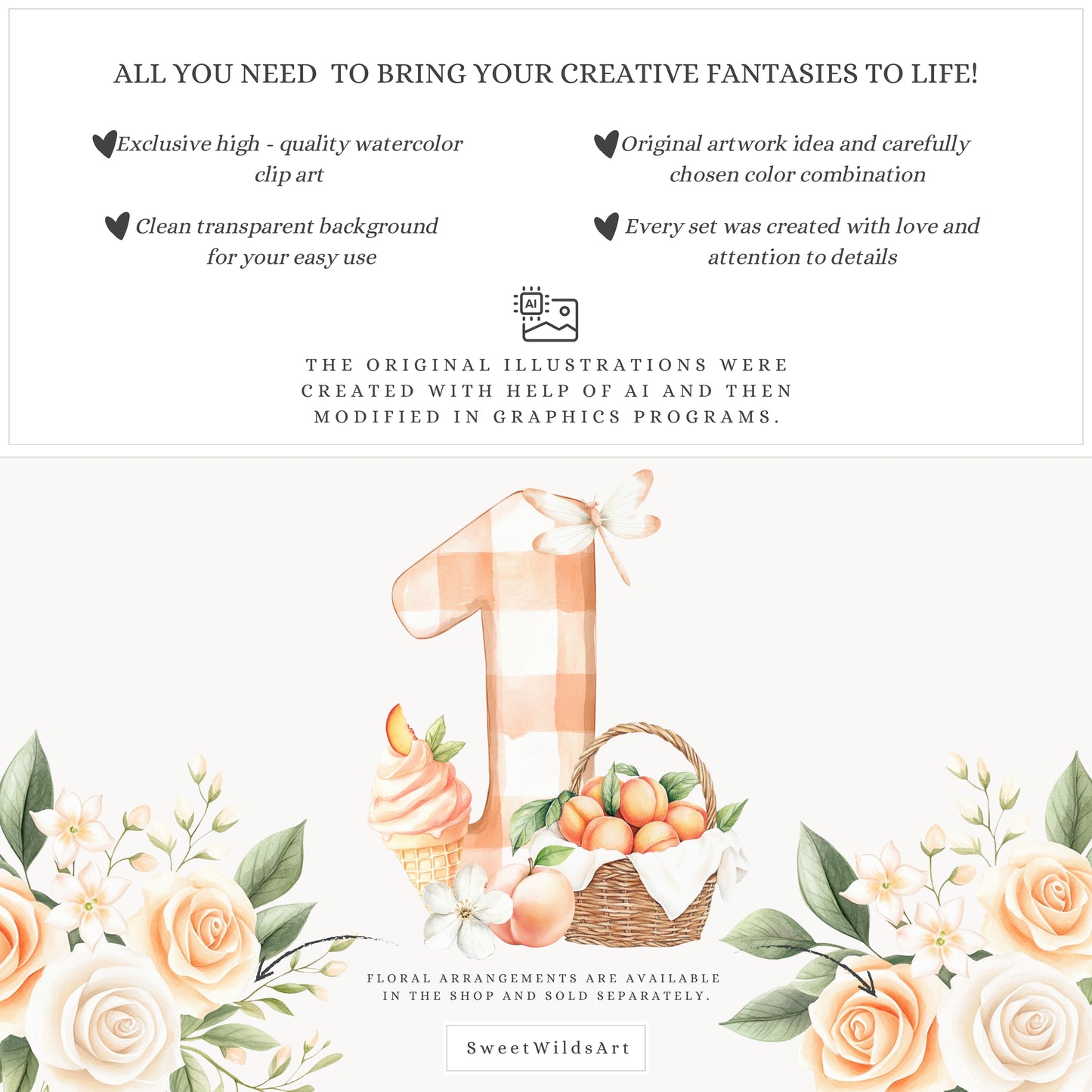 Sweet Peach - Cute Animals Clipart, Birthday, Summer Picnic, Baby | 50 PNG