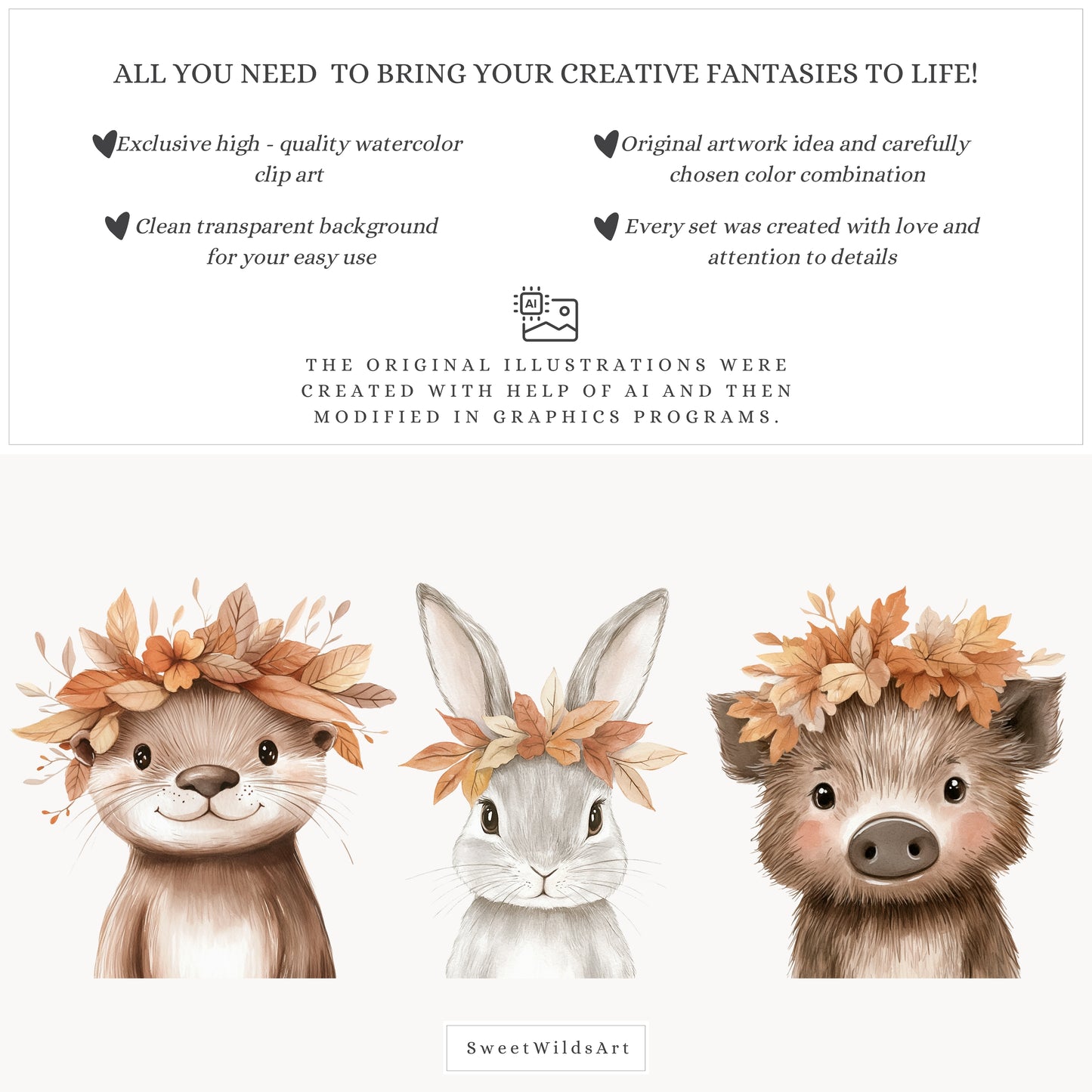 Fall Portraits - Cute Animals Clipart, Baby Shower, Autumn Nursery | 18 PNG