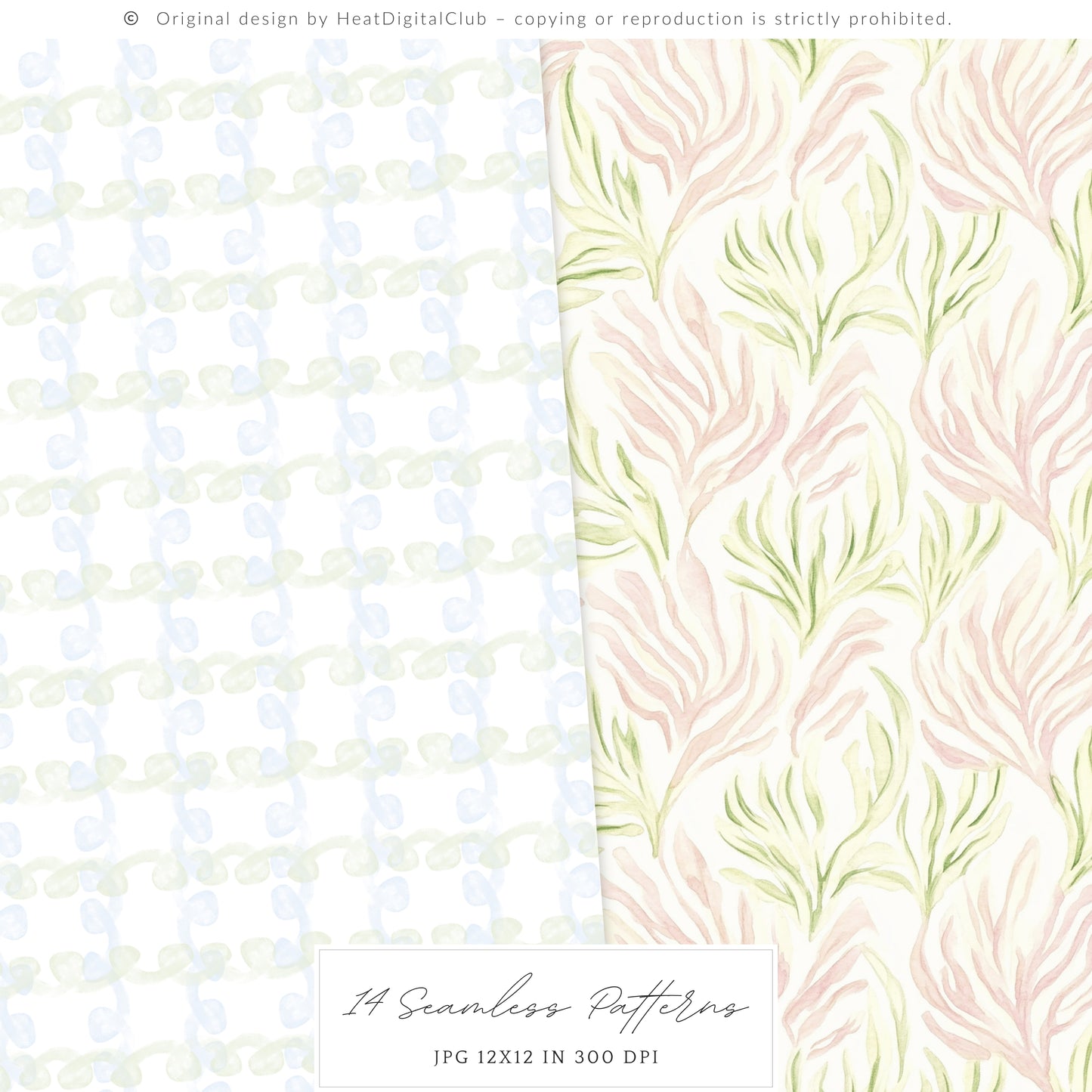 Grandmillennial - Seamless Patterns, Set 4, Pastel Floral, Stripes, Plaid, Glitter | 14 JPEG
