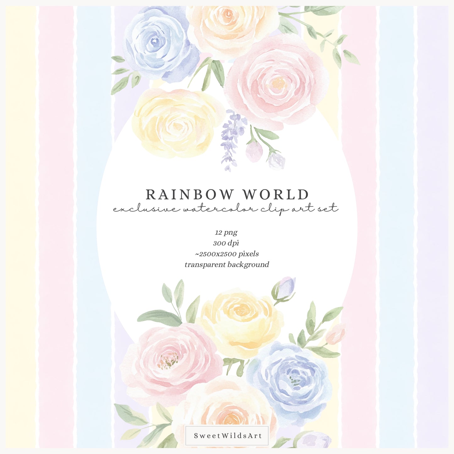 Rainbow World - Floral Arrangements, Pastel Watercolor Flowers | 12 PNG