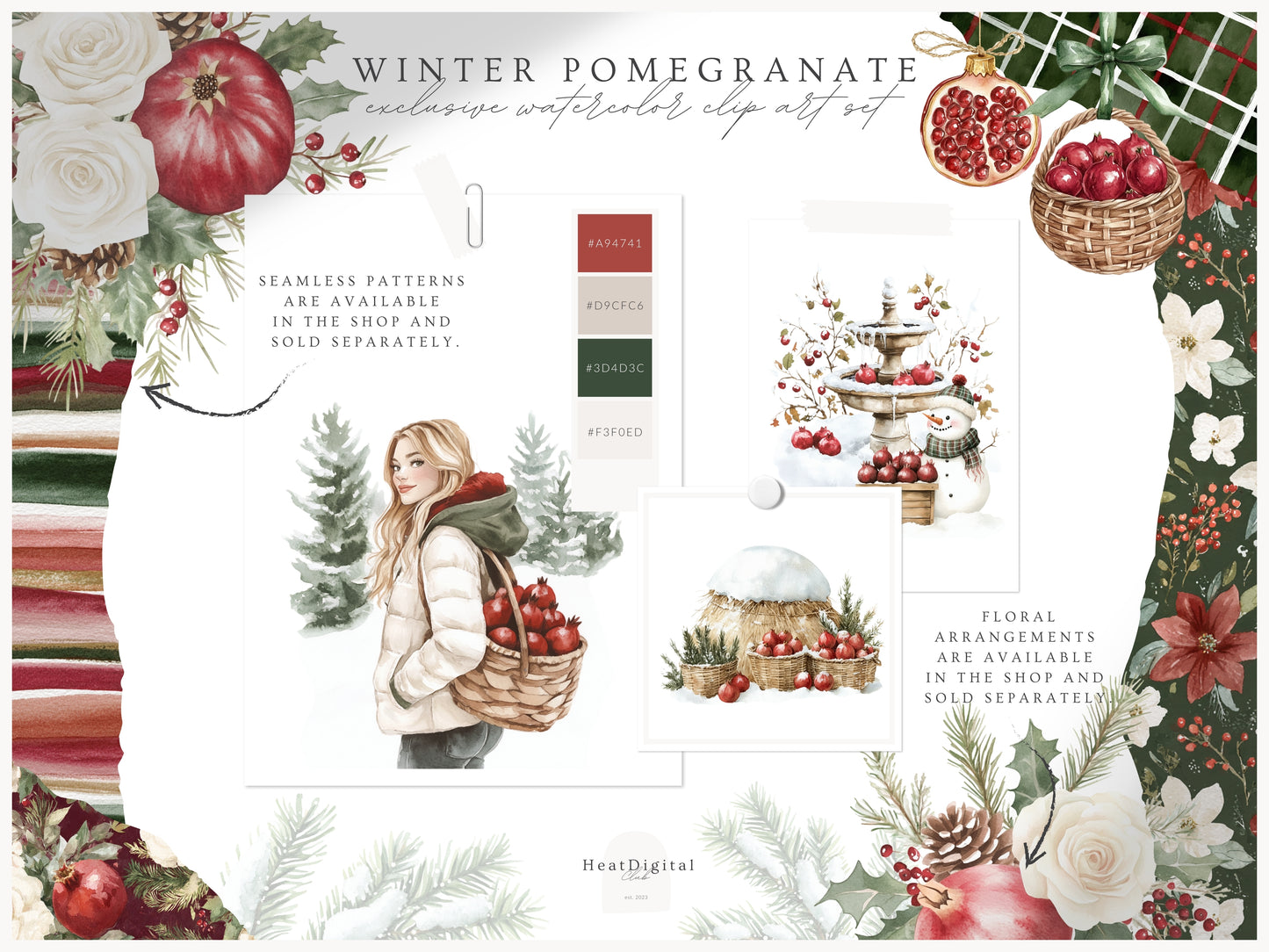 Winter Pomegranate - Clipart Set, Holiday Fruits, Cozy, Rustic Xmas | 60 PNG