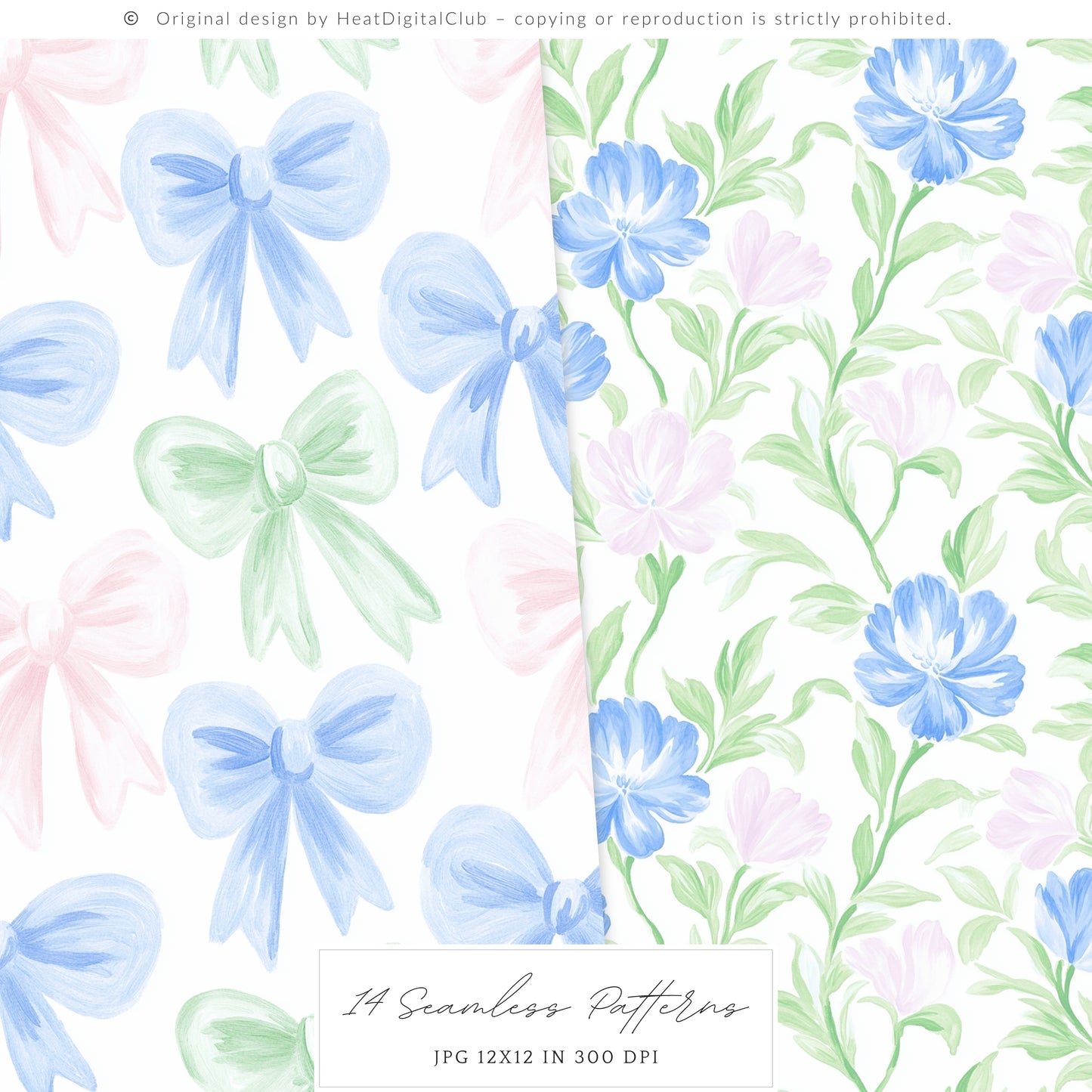 Grandmillennial - Seamless Patterns, Set 3, Pastel Floral, Stripes, Plaid, Glitter | 14 JPEG