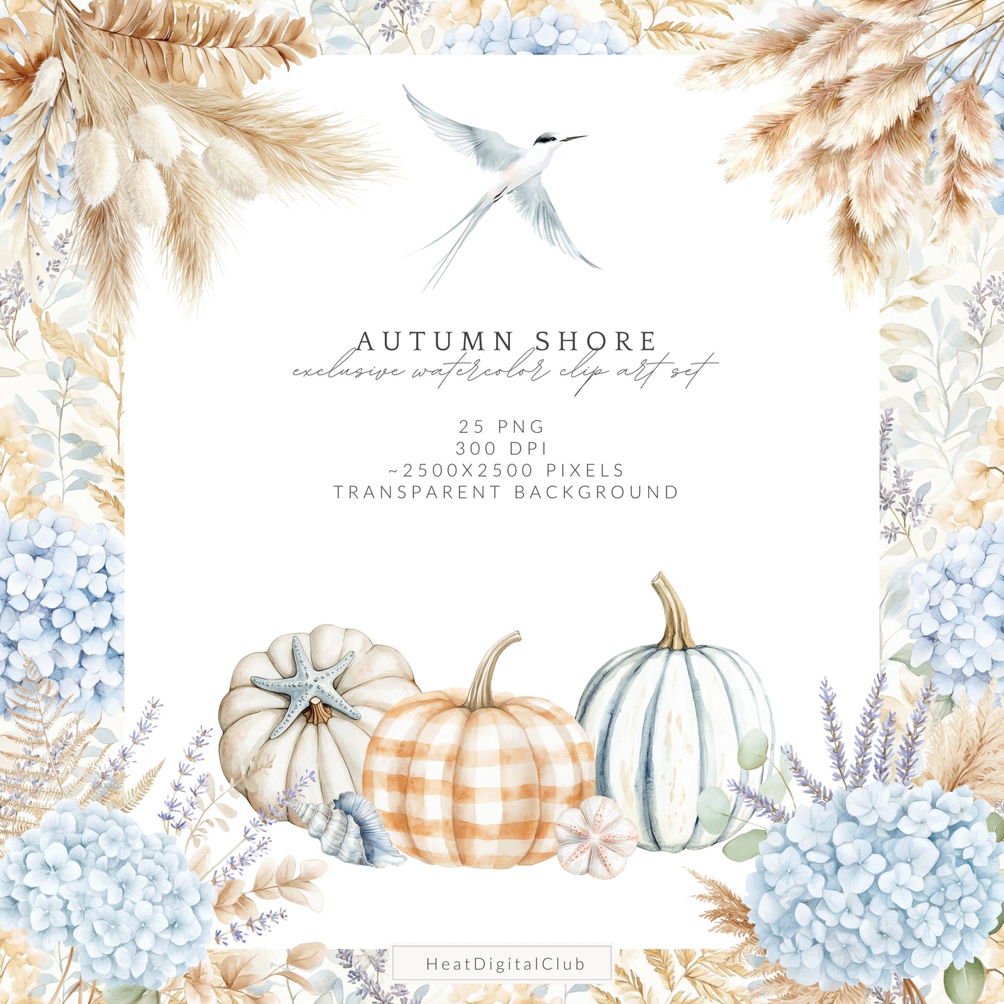 Autumn Shore - Floral Arrangements Clipart, Coastal, Hydrangea, Pumpkins | 25 PNG