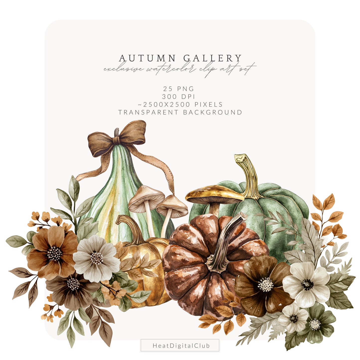 Autumn Gallery - Floral Arrangements Clipart, Fall, Green Beige, Pumpkins | 25 PNG