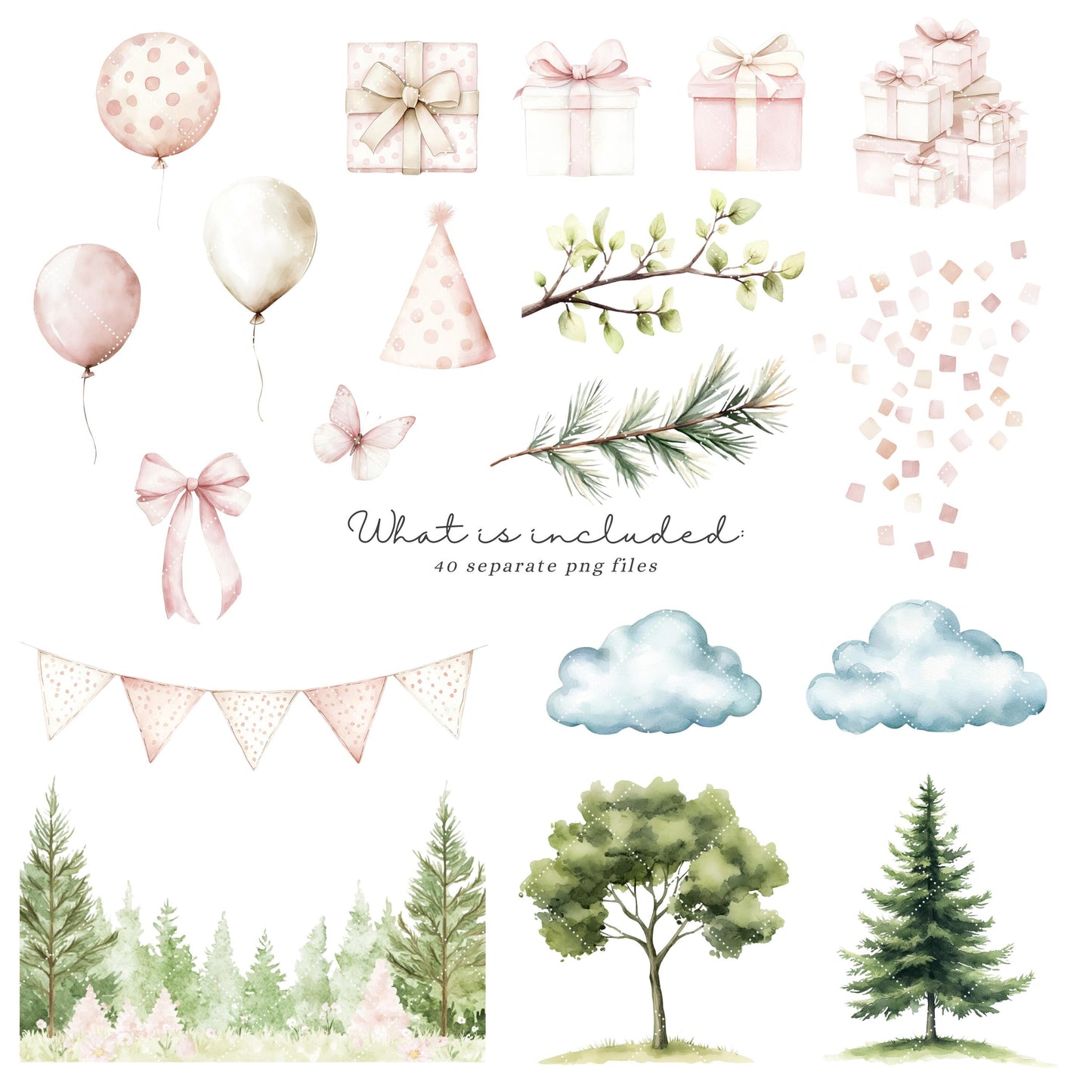 Birthday Friends - Cute Woodland, Baby Animal Clipart, Baby Girl Birthday | 40 PNG