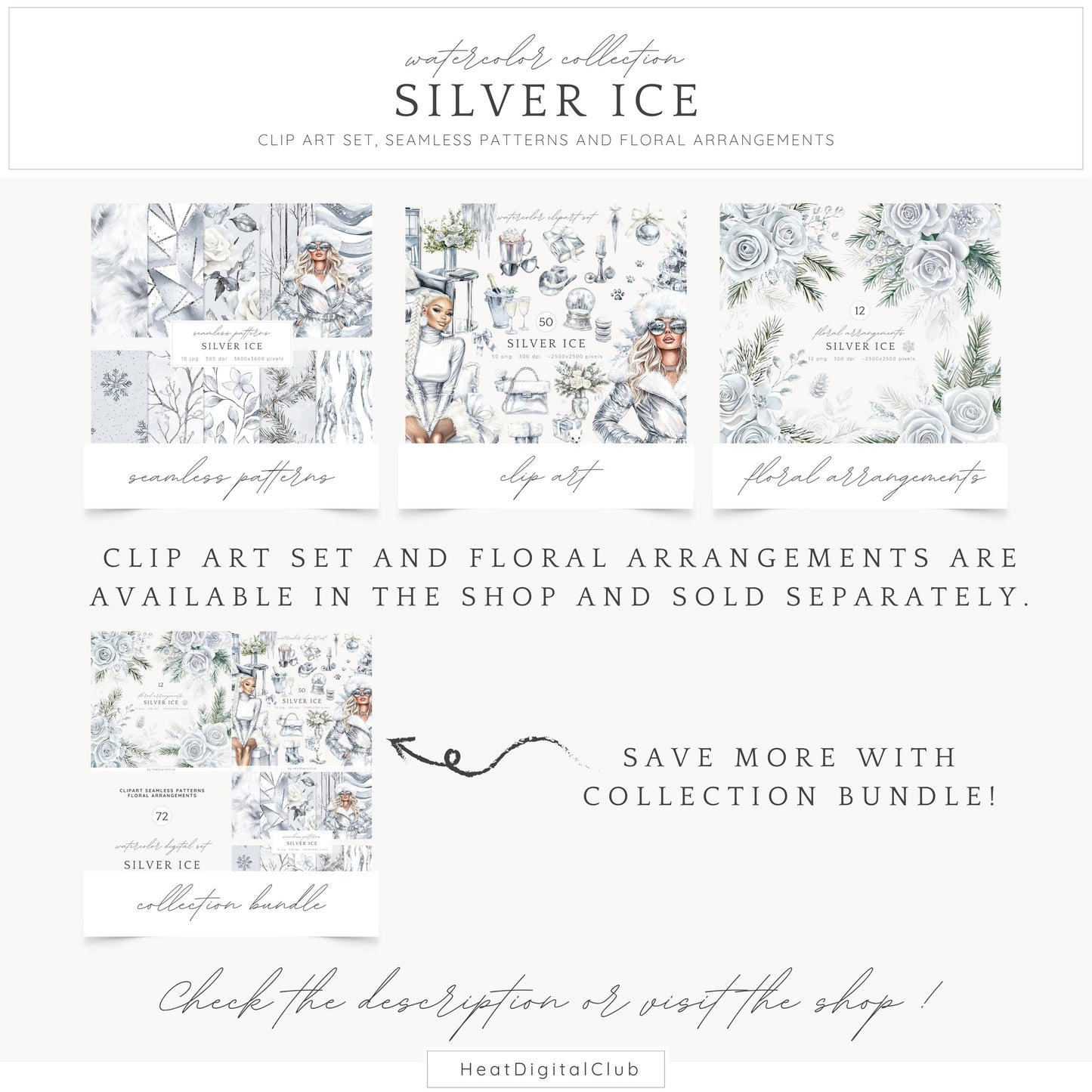 Silver Ice - Seamless Patterns, Cozy Winter, Snowflakes | 10 JPEG