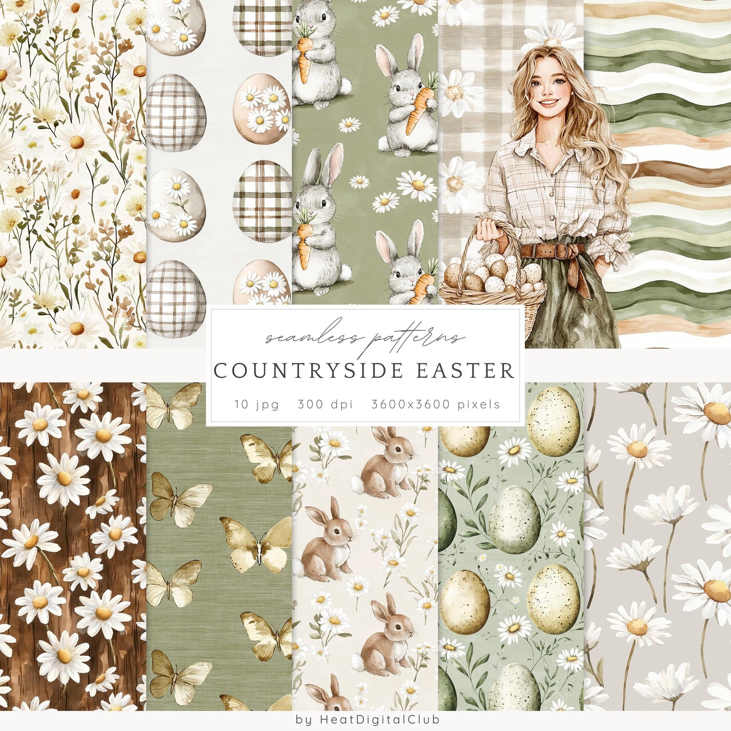 Countryside Easter - Seamless Patterns, Floral, Spring | 10 JPEG