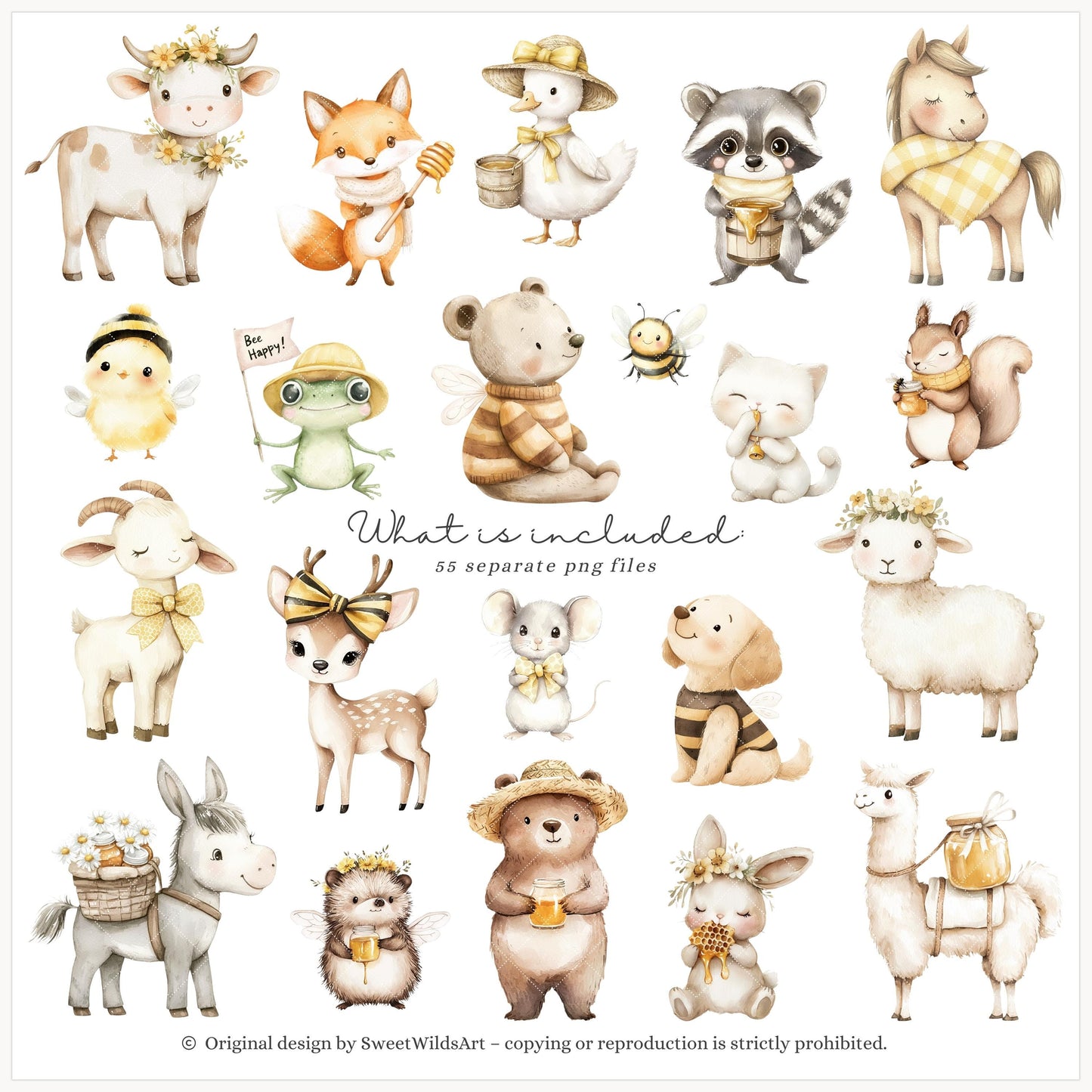 Honey Garden - Cute Animals, Baby Bee Clipart, Summer Flowers | 55 PNG
