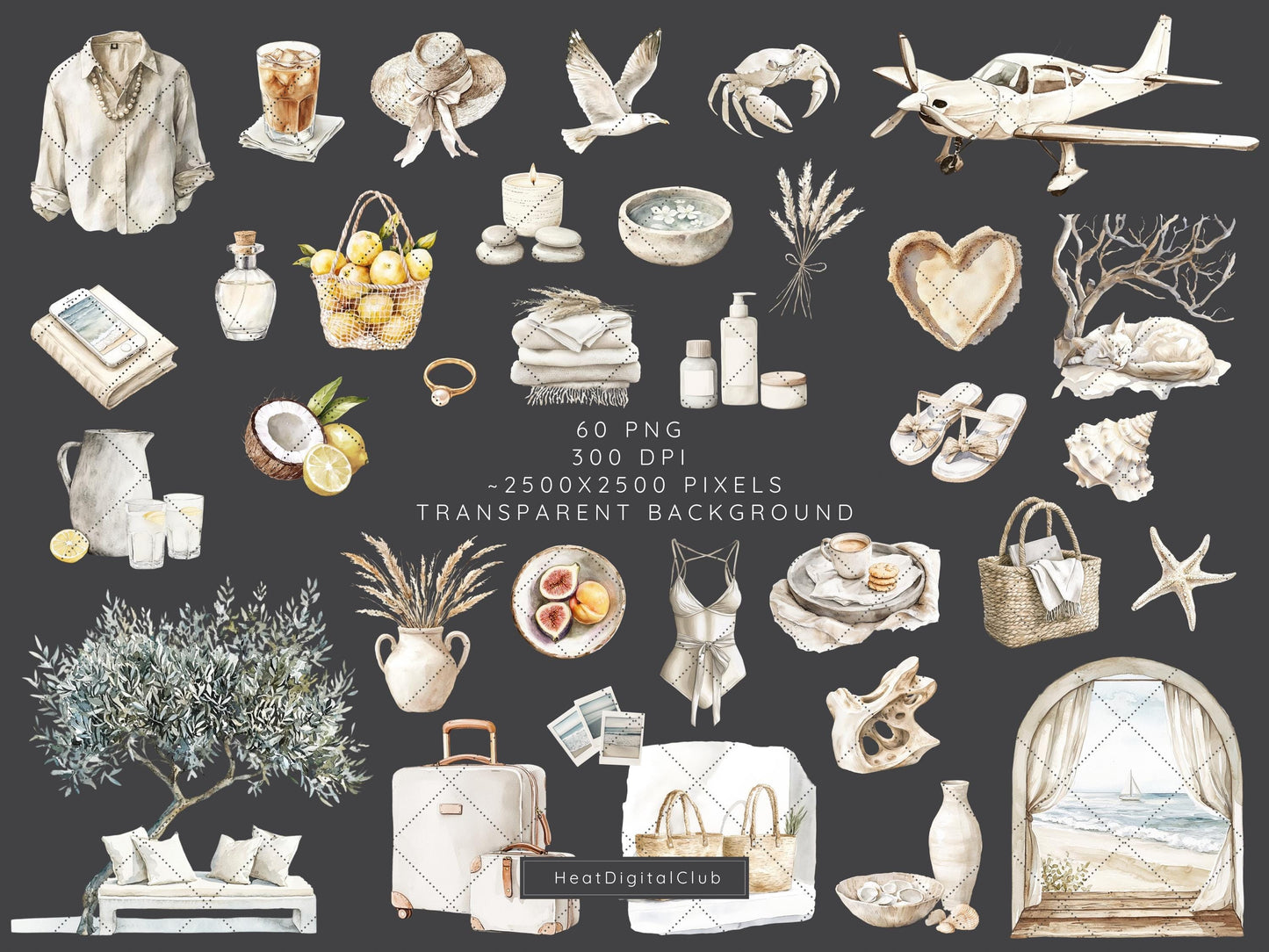 Ocean Breath - Neutral Summer Beach Clipart, Coastal Vacation | 60 PNG